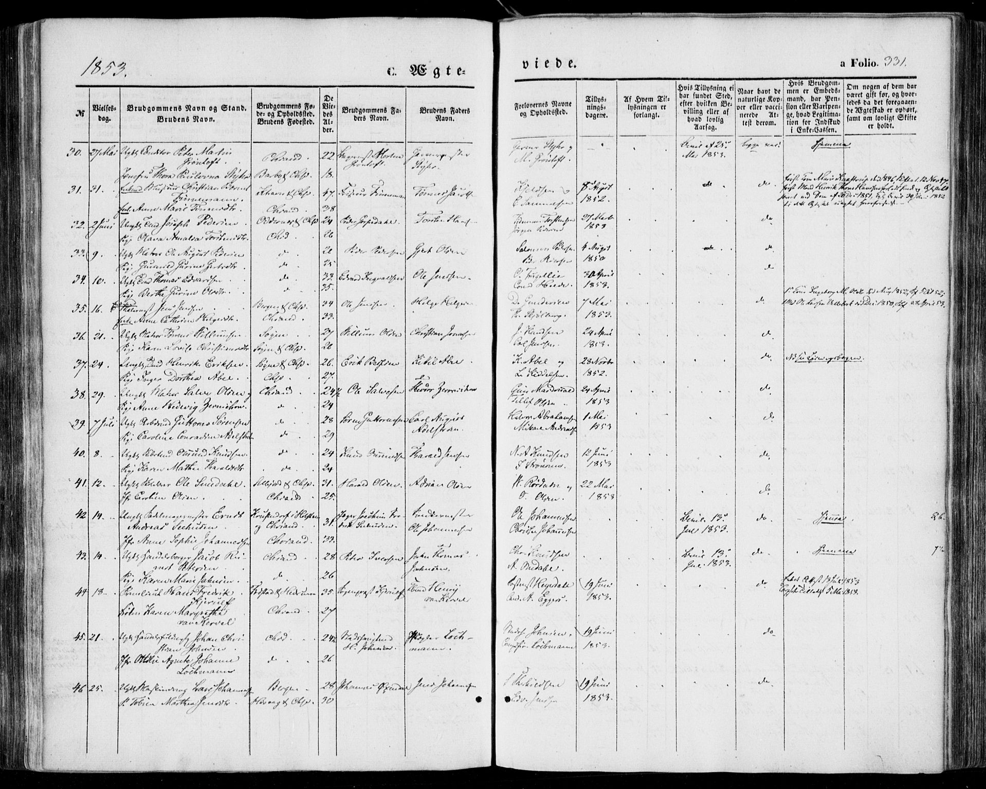 Kristiansand domprosti, SAK/1112-0006/F/Fa/L0014: Parish register (official) no. A 14, 1852-1867, p. 331
