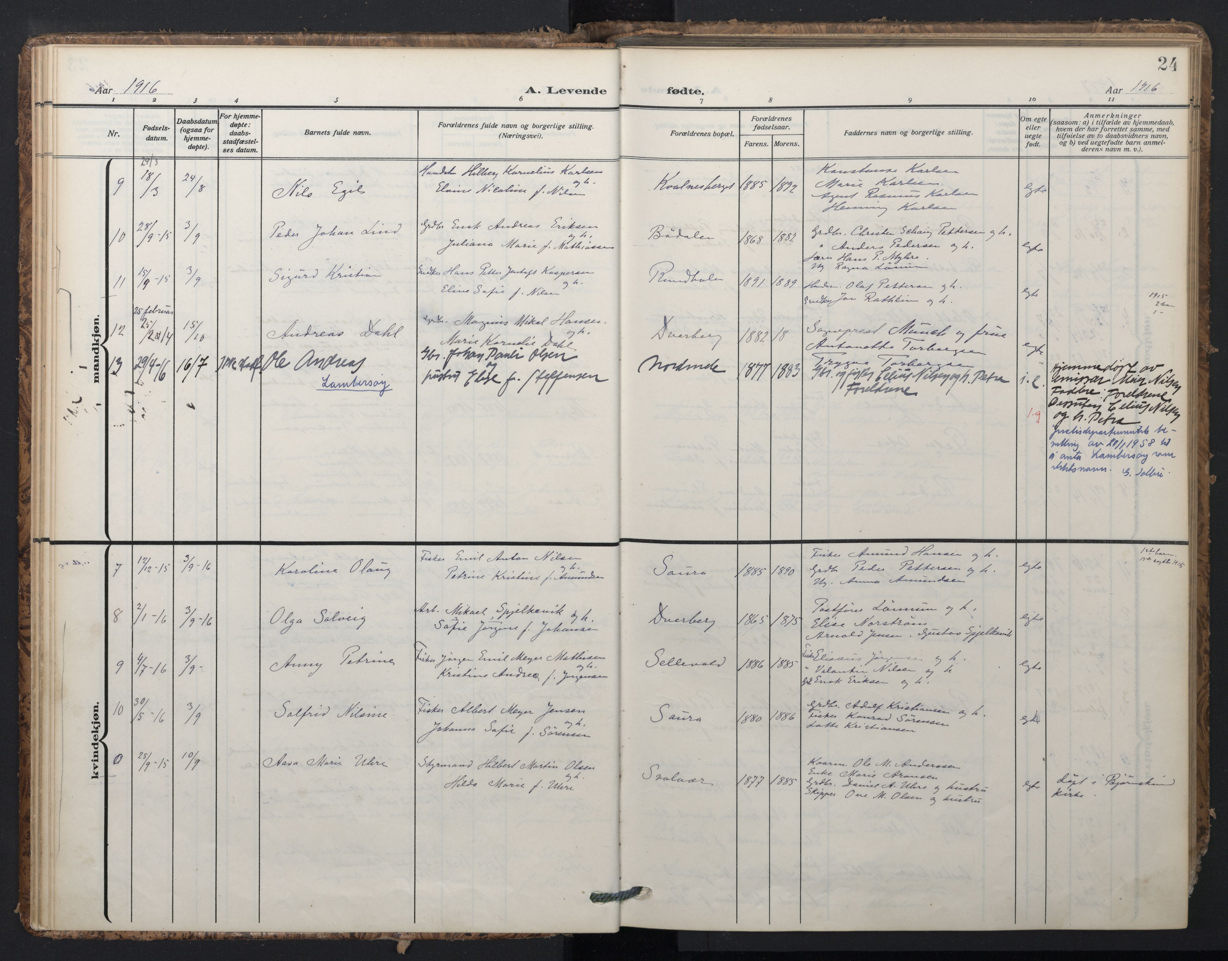 Ministerialprotokoller, klokkerbøker og fødselsregistre - Nordland, SAT/A-1459/897/L1401: Parish register (official) no. 897A08, 1909-1921, p. 24
