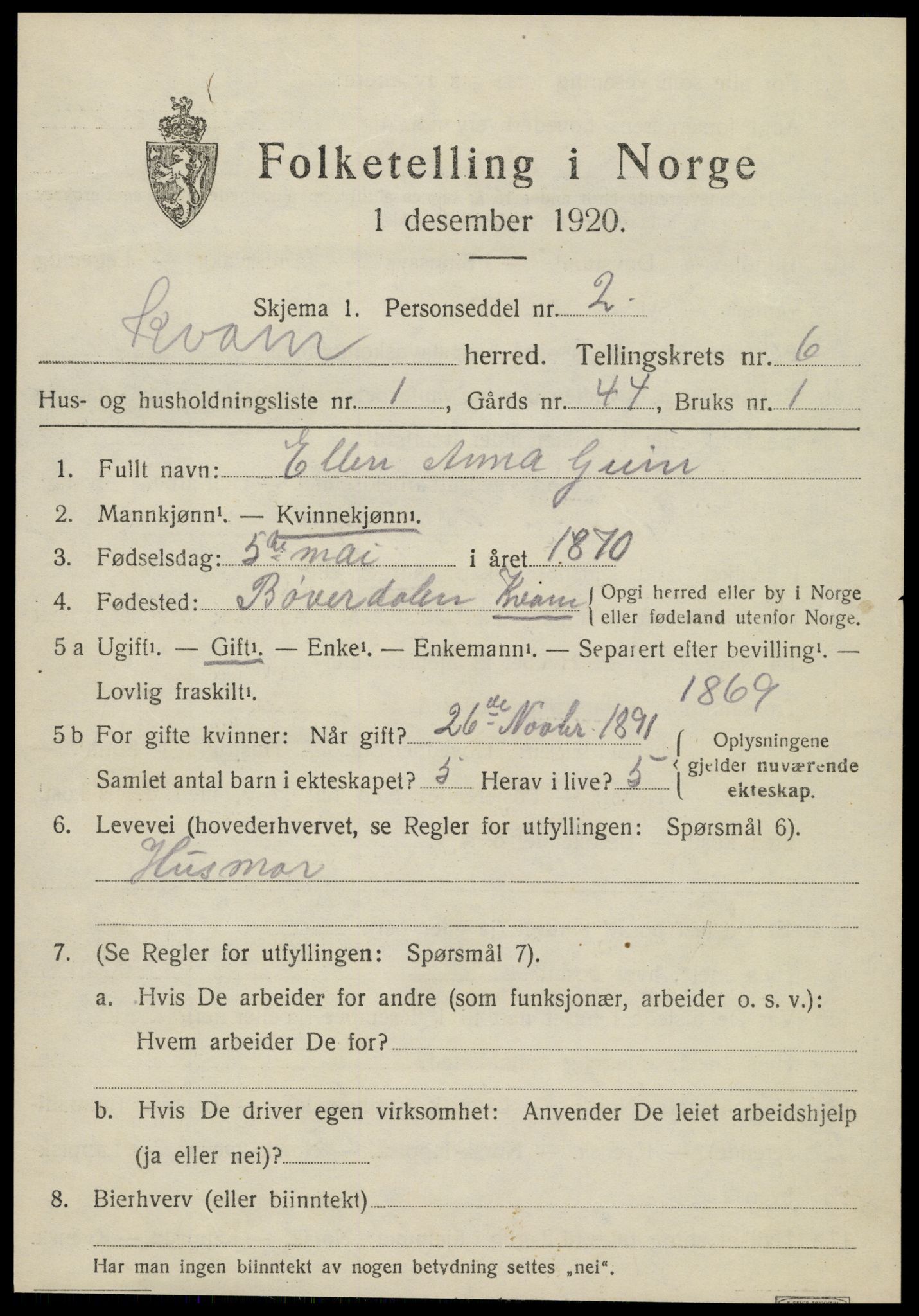 SAT, 1920 census for Kvam, 1920, p. 1585