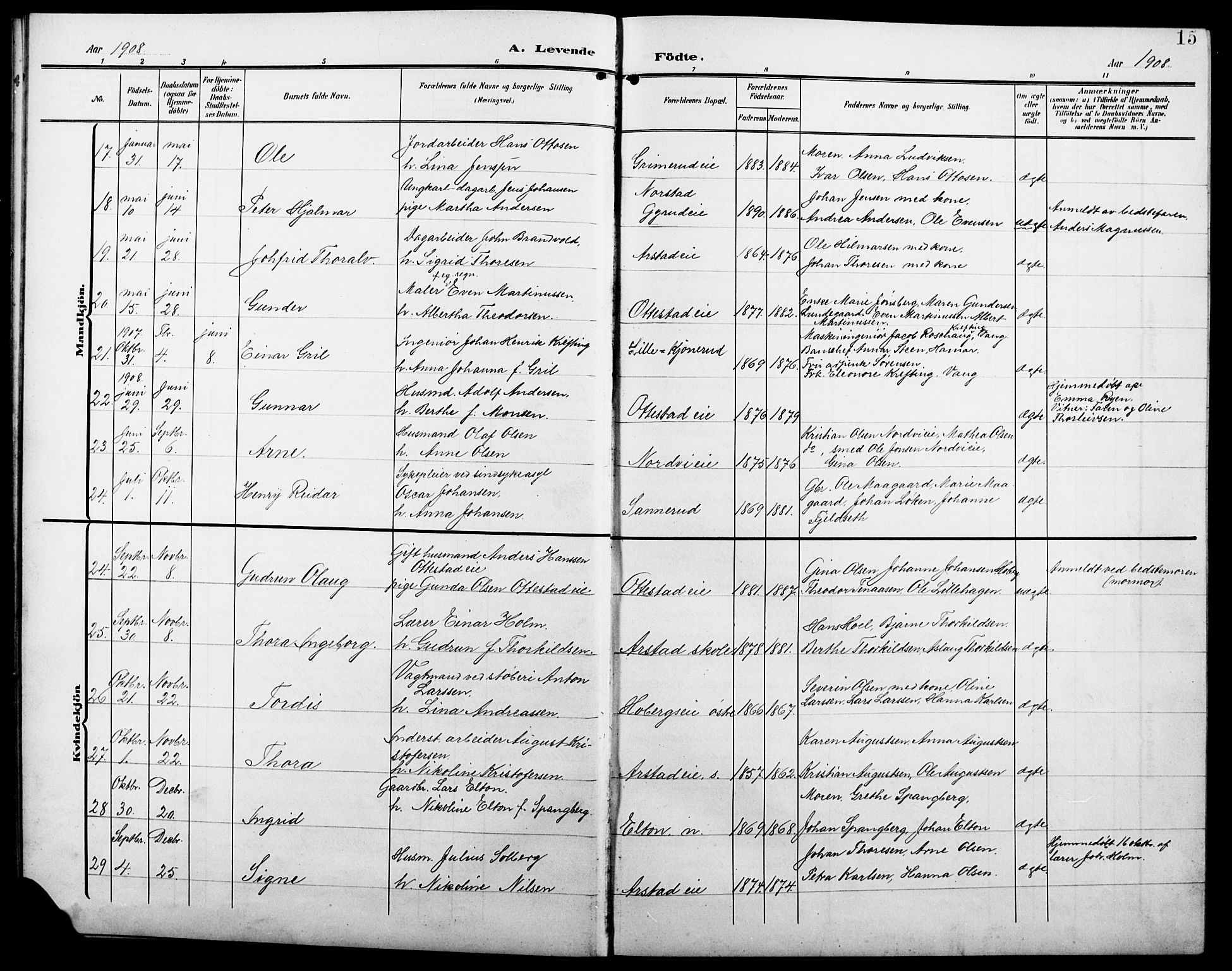 Stange prestekontor, AV/SAH-PREST-002/L/L0013: Parish register (copy) no. 13, 1906-1915, p. 15