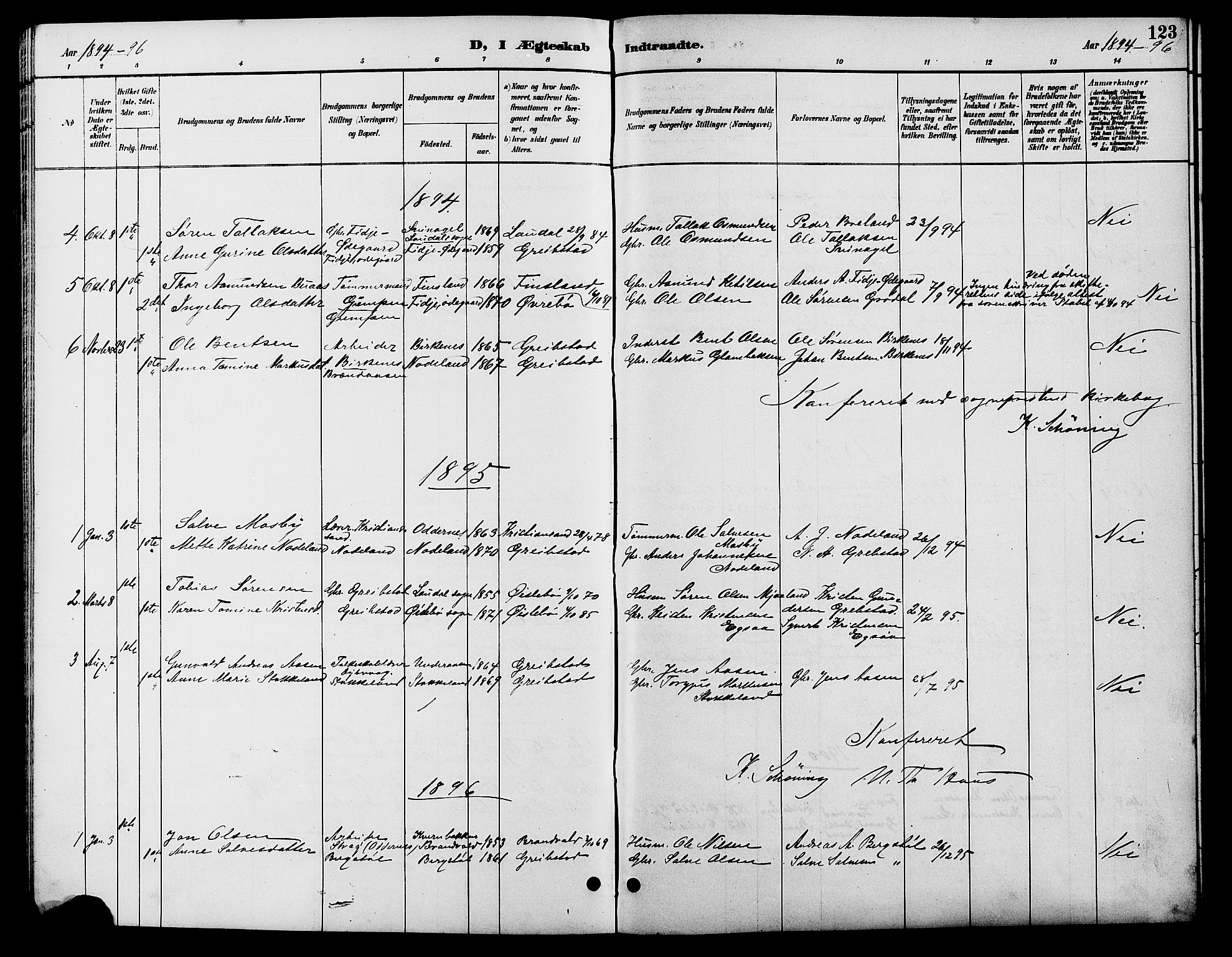 Søgne sokneprestkontor, SAK/1111-0037/F/Fb/Fba/L0004: Parish register (copy) no. B 4, 1888-1903, p. 123