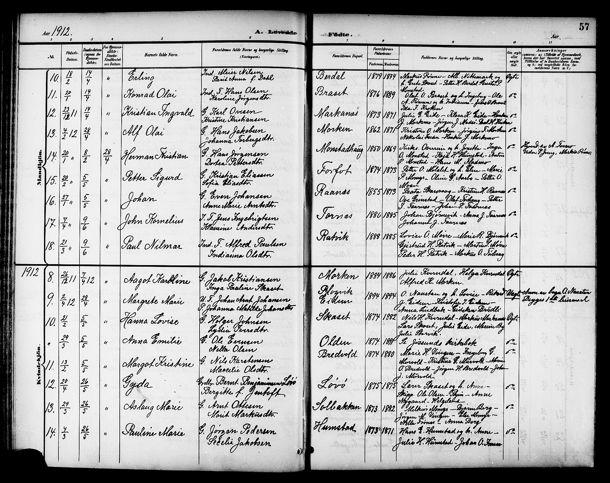 Ministerialprotokoller, klokkerbøker og fødselsregistre - Sør-Trøndelag, SAT/A-1456/655/L0688: Parish register (copy) no. 655C04, 1899-1922, p. 57