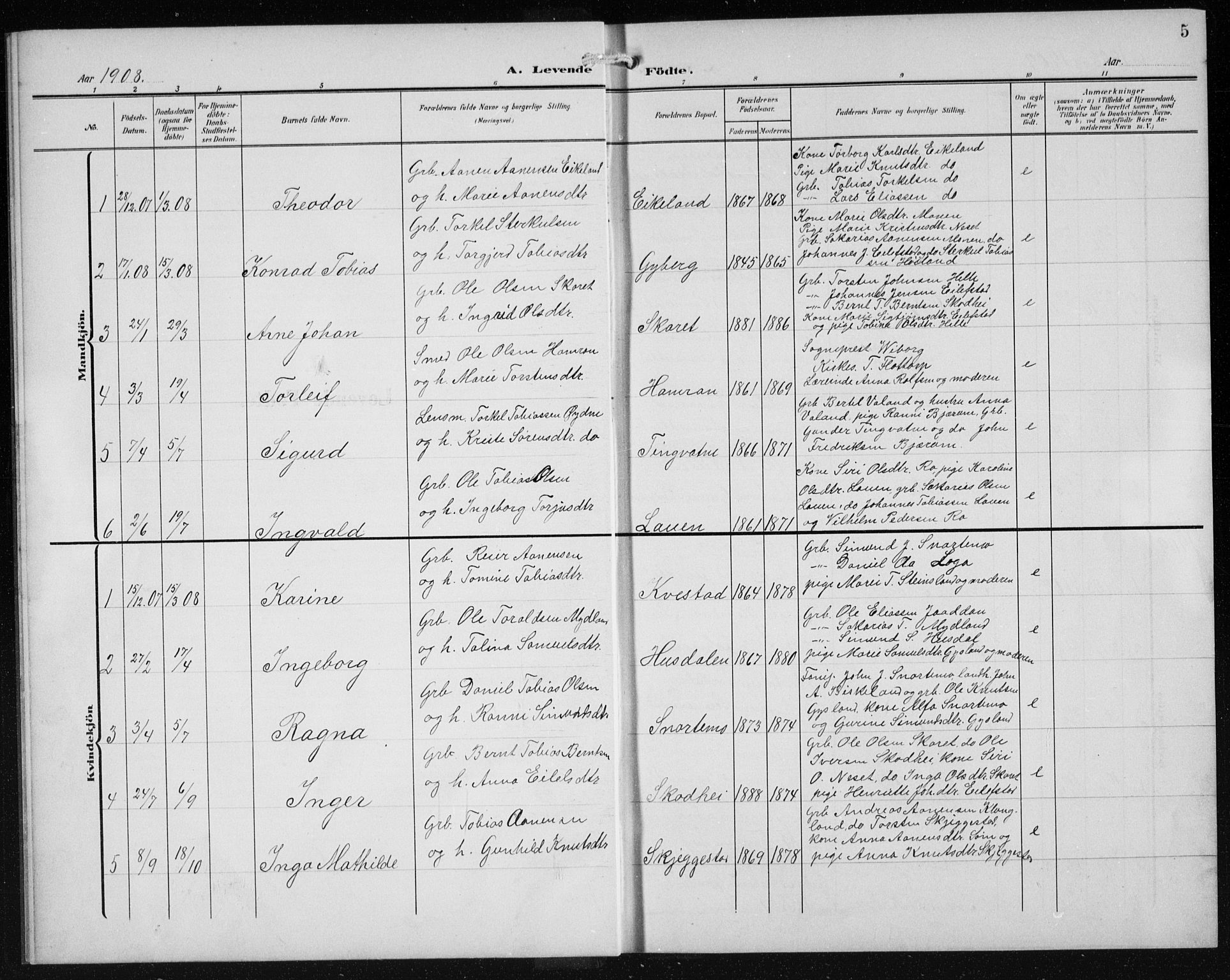 Hægebostad sokneprestkontor, SAK/1111-0024/F/Fb/Fba/L0005: Parish register (copy) no. B 5, 1907-1931, p. 5