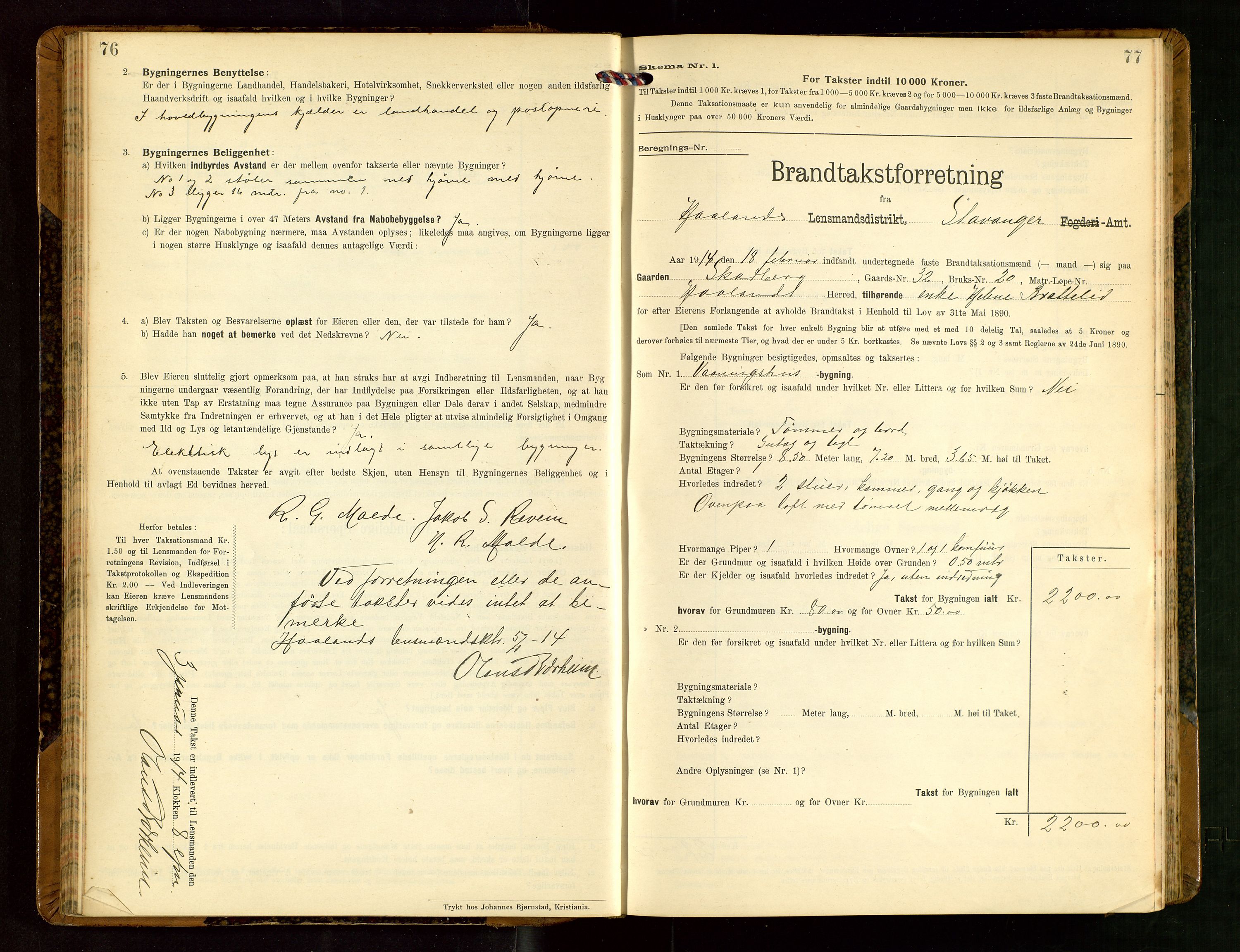 Håland lensmannskontor, SAST/A-100100/Gob/L0004: Branntakstprotokoll - skjematakst. Register i boken., 1913-1915, p. 76-77