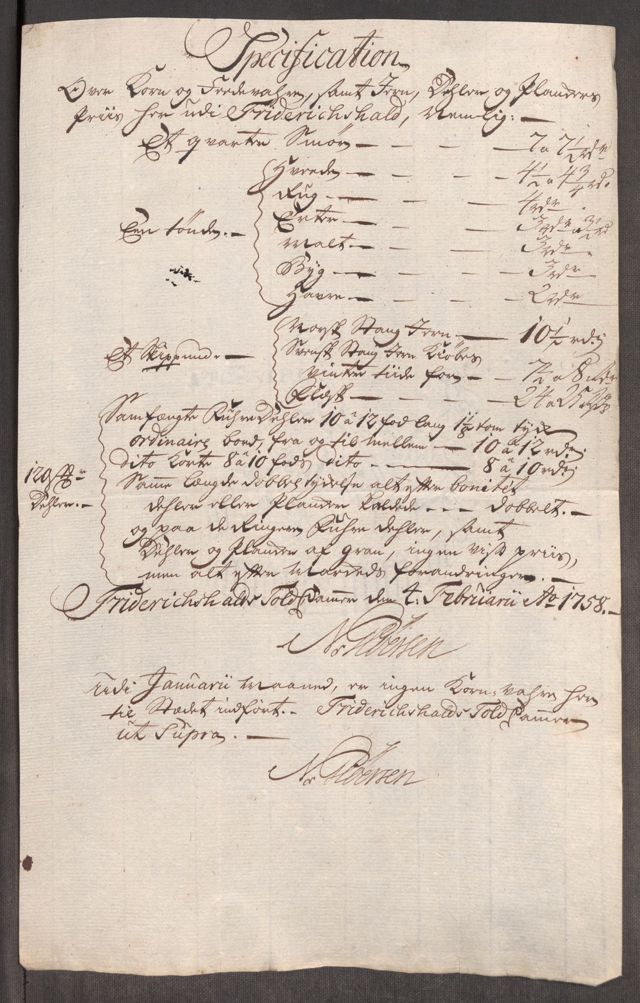 Rentekammeret inntil 1814, Realistisk ordnet avdeling, RA/EA-4070/Oe/L0006: [Ø1]: Priskuranter, 1758-1760, p. 4