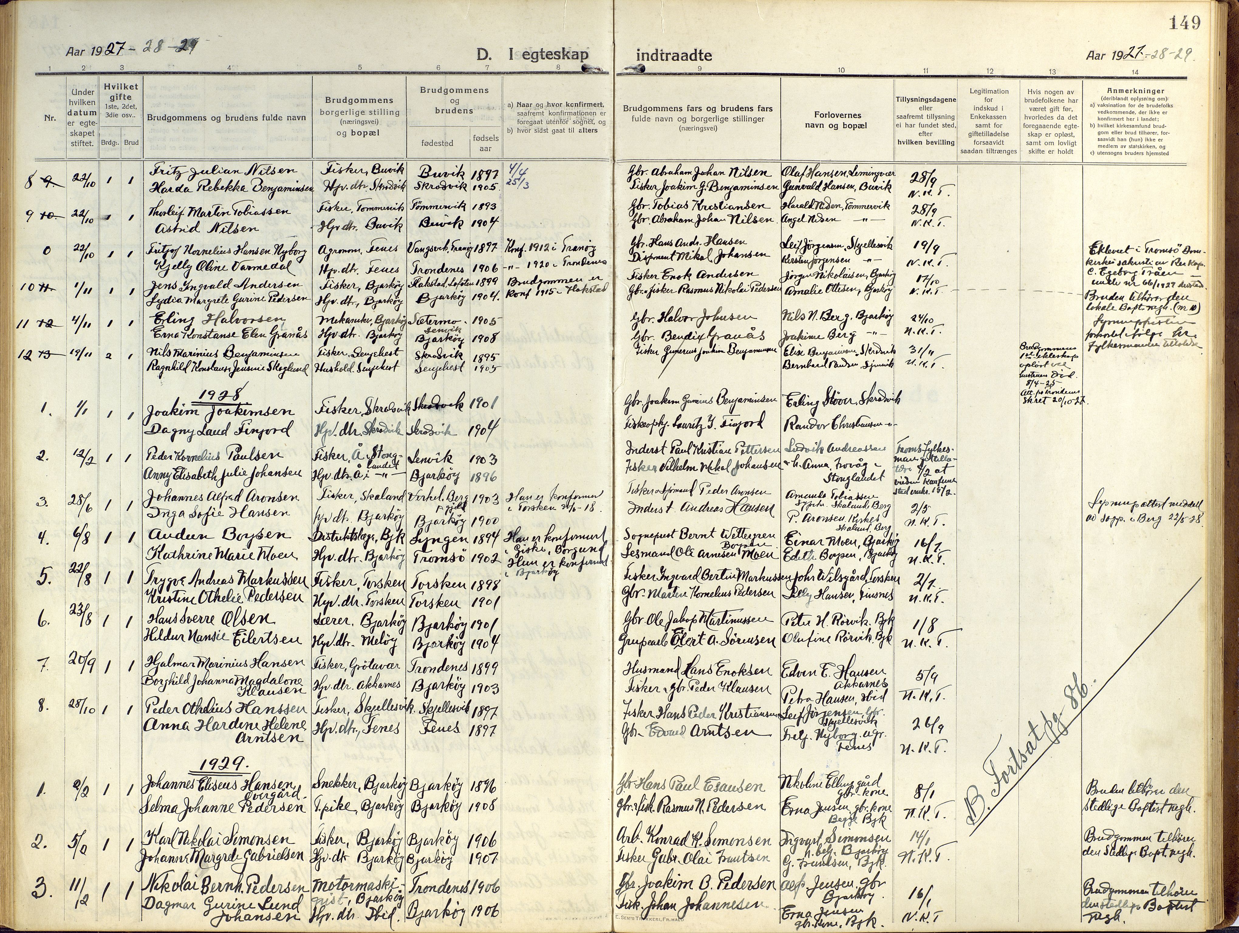Sand/Bjarkøy sokneprestkontor, AV/SATØ-S-0811/I/Ia/Iaa/L0006kirke: Parish register (official) no. 6, 1915-1929, p. 149