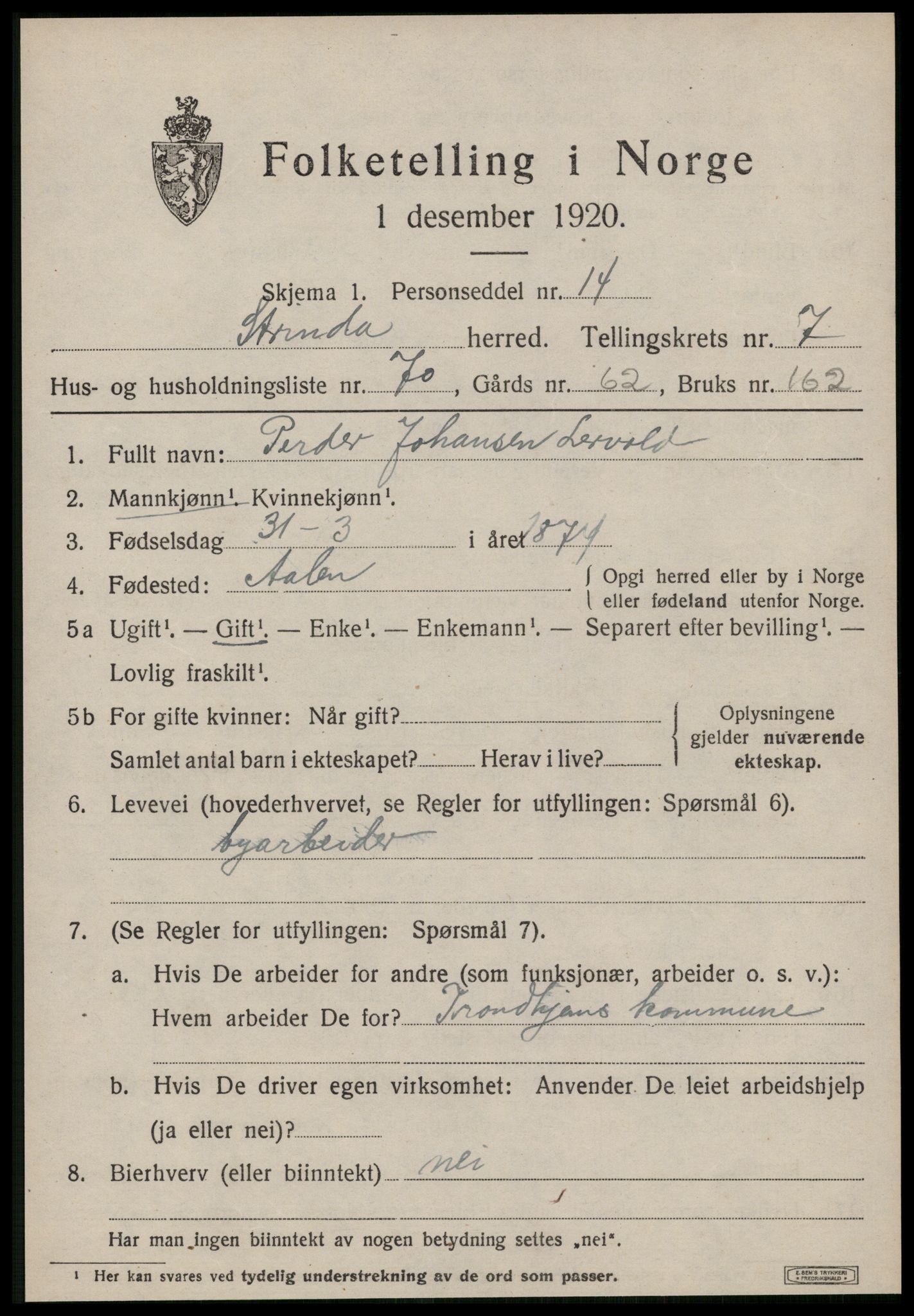 SAT, 1920 census for Strinda, 1920, p. 19462