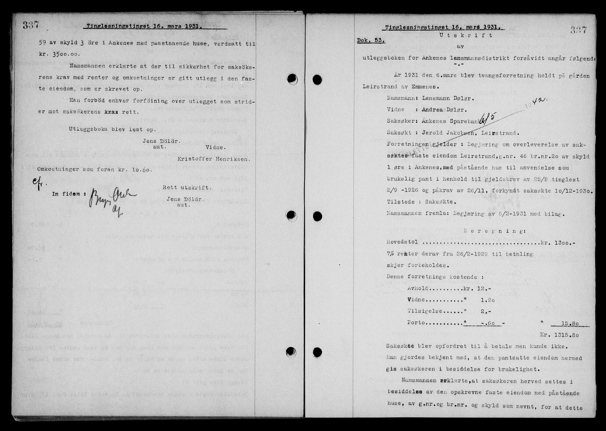 Steigen og Ofoten sorenskriveri, SAT/A-0030/1/2/2C/L0018/0001: Mortgage book no. 20-II og 21, 1930-1931, Deed date: 16.03.1931
