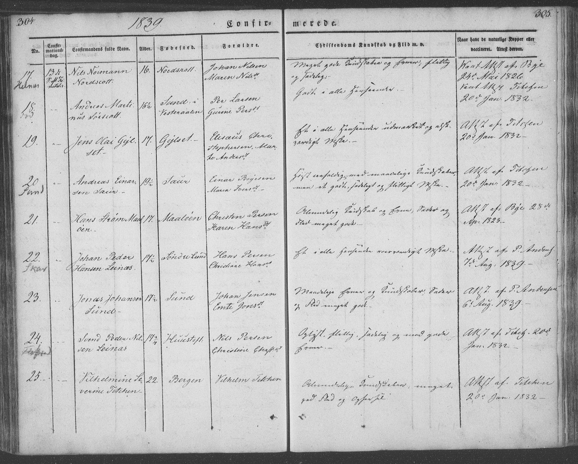 Ministerialprotokoller, klokkerbøker og fødselsregistre - Nordland, AV/SAT-A-1459/855/L0799: Parish register (official) no. 855A07, 1834-1852, p. 304-305