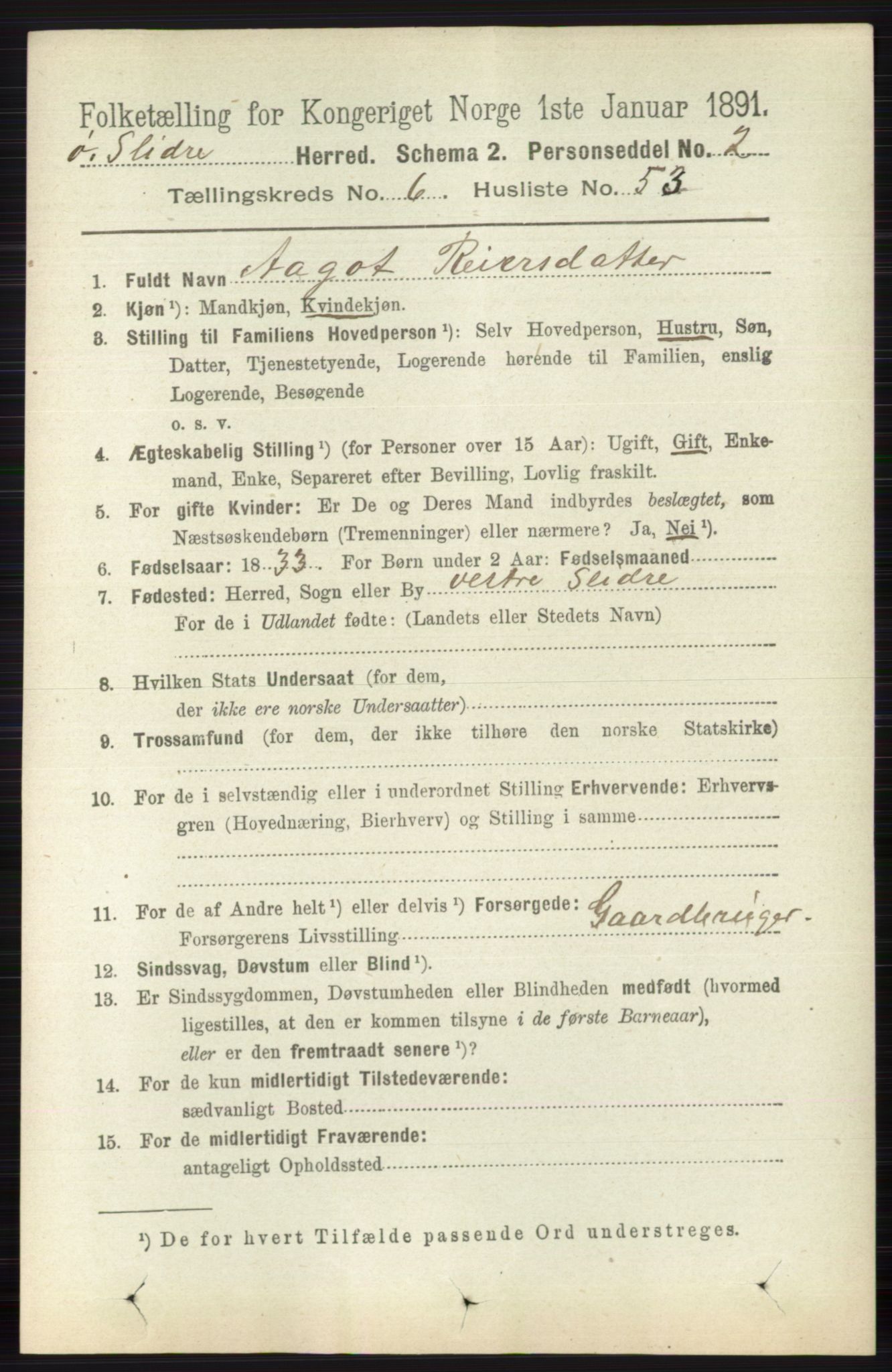 RA, 1891 census for 0544 Øystre Slidre, 1891, p. 2083