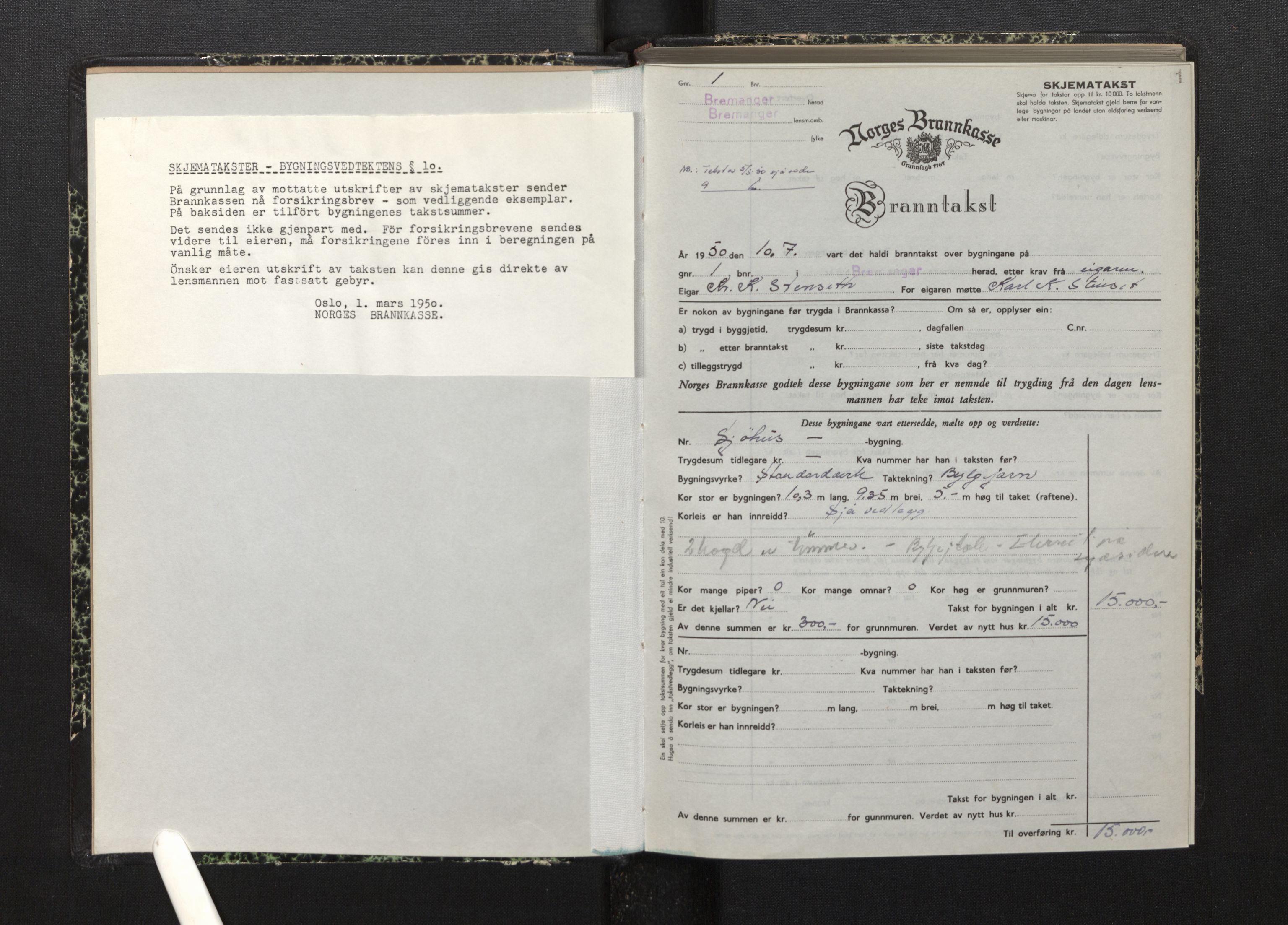 Lensmannen i Bremanger, SAB/A-26701/0012/L0010: Branntakstprotokoll, skjematakst, 1950-1955, p. 1