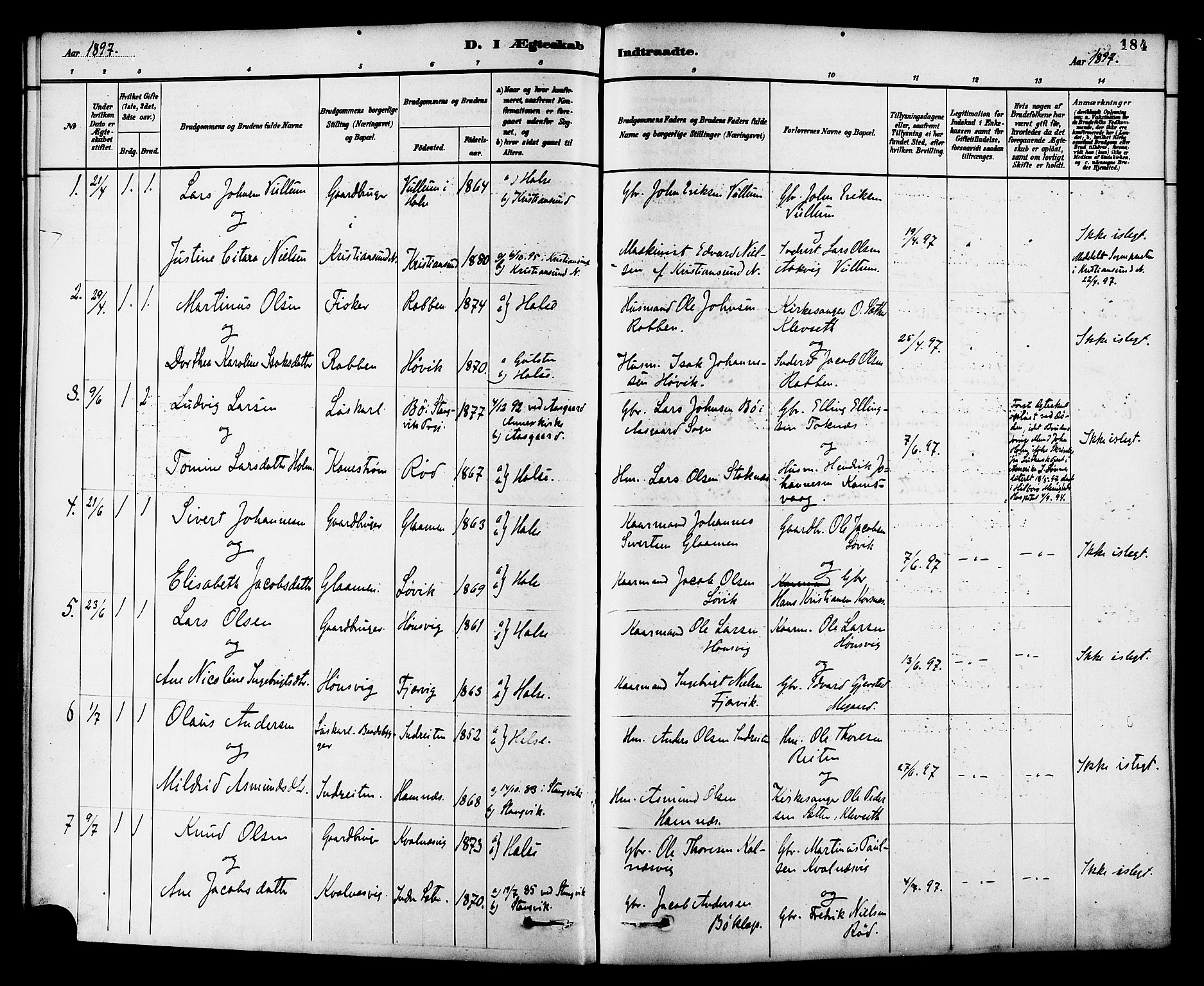 Ministerialprotokoller, klokkerbøker og fødselsregistre - Møre og Romsdal, SAT/A-1454/576/L0885: Parish register (official) no. 576A03, 1880-1898, p. 184