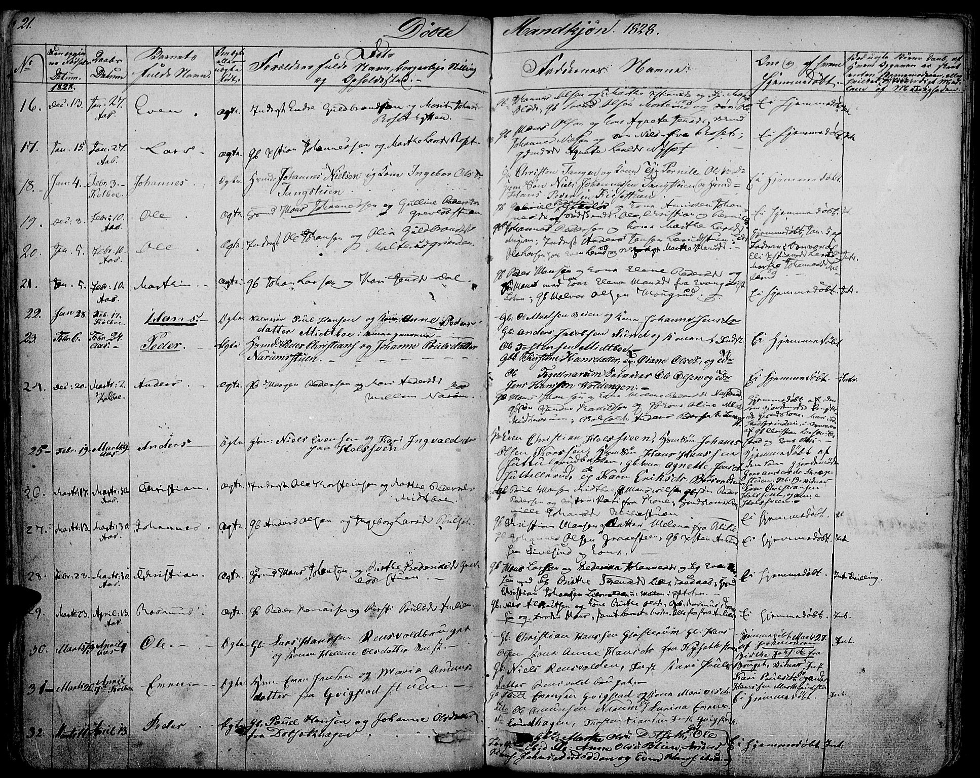 Vestre Toten prestekontor, AV/SAH-PREST-108/H/Ha/Haa/L0002: Parish register (official) no. 2, 1825-1837, p. 21