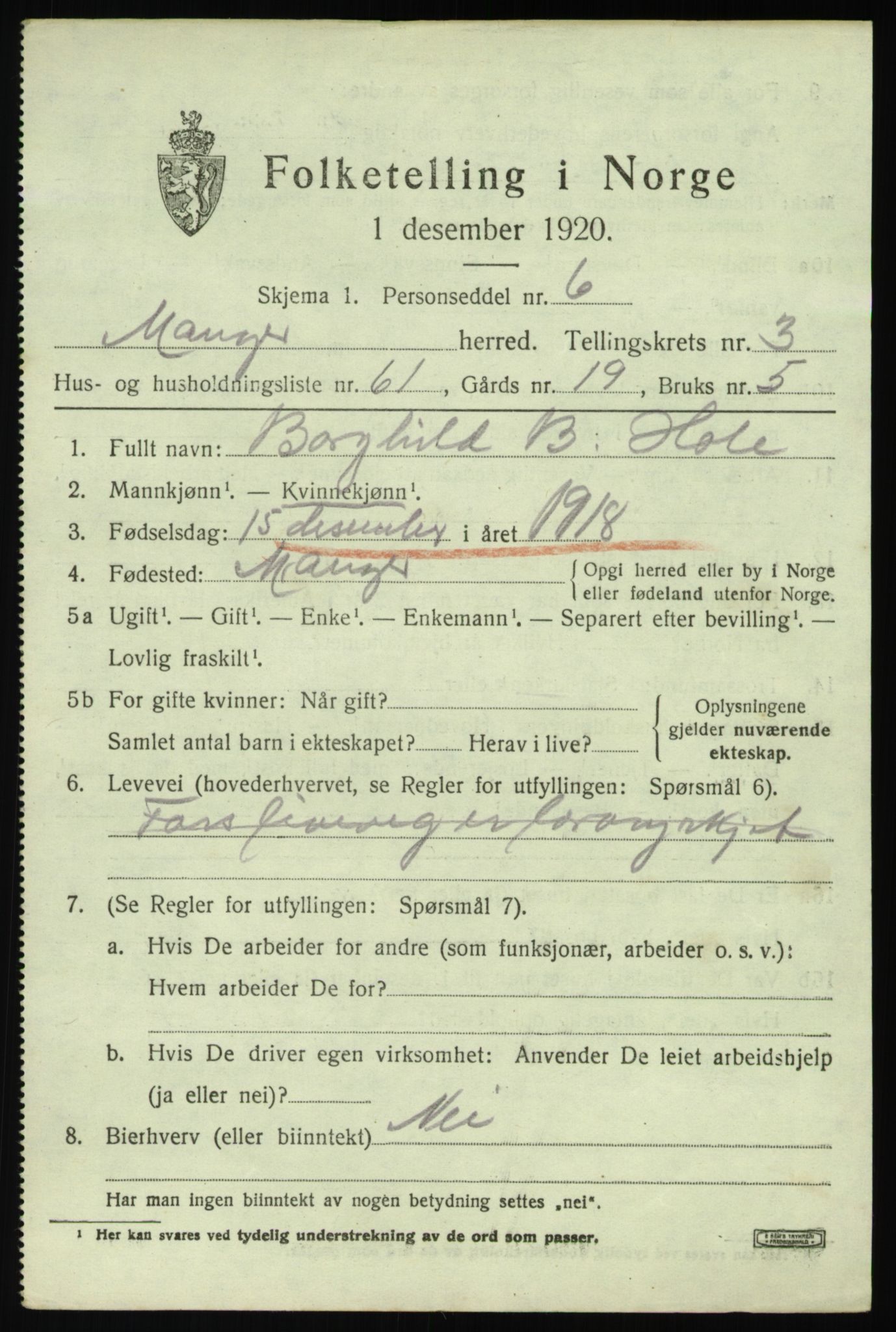 SAB, 1920 census for Manger, 1920, p. 3003