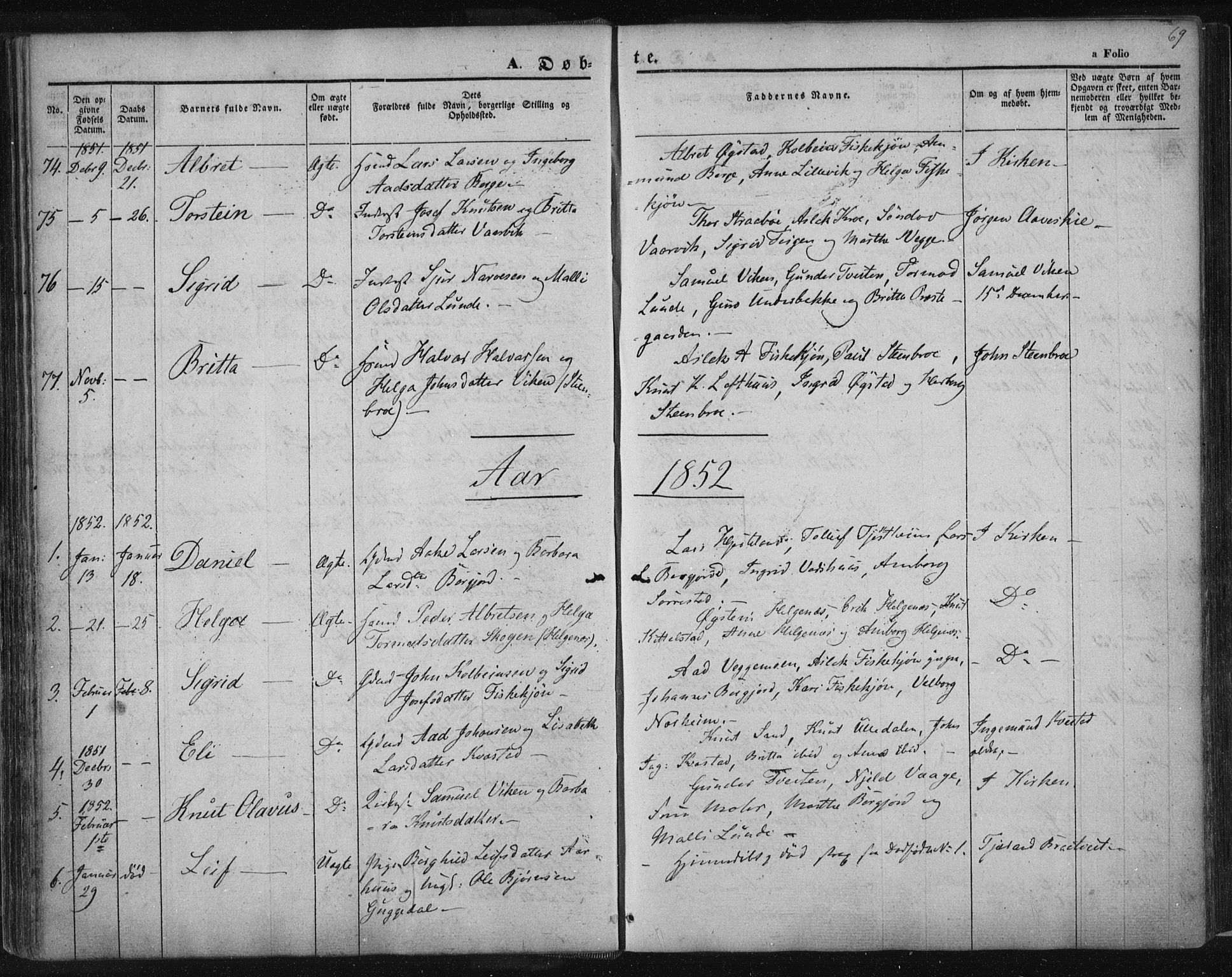 Suldal sokneprestkontor, SAST/A-101845/01/IV/L0008: Parish register (official) no. A 8, 1836-1853, p. 69