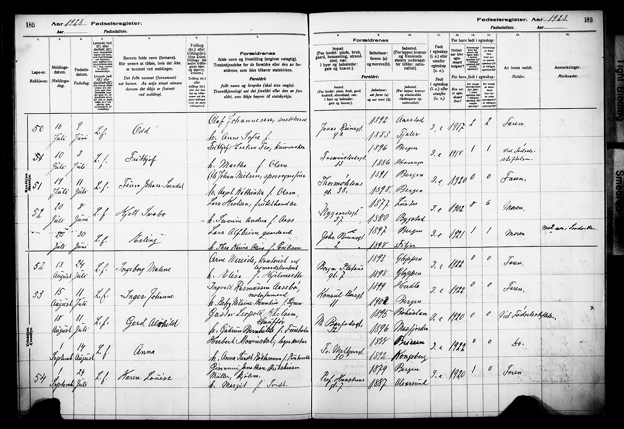 Johanneskirken sokneprestembete, AV/SAB-A-76001/I/Id/L00A1: Birth register no. A 1, 1916-1924, p. 185