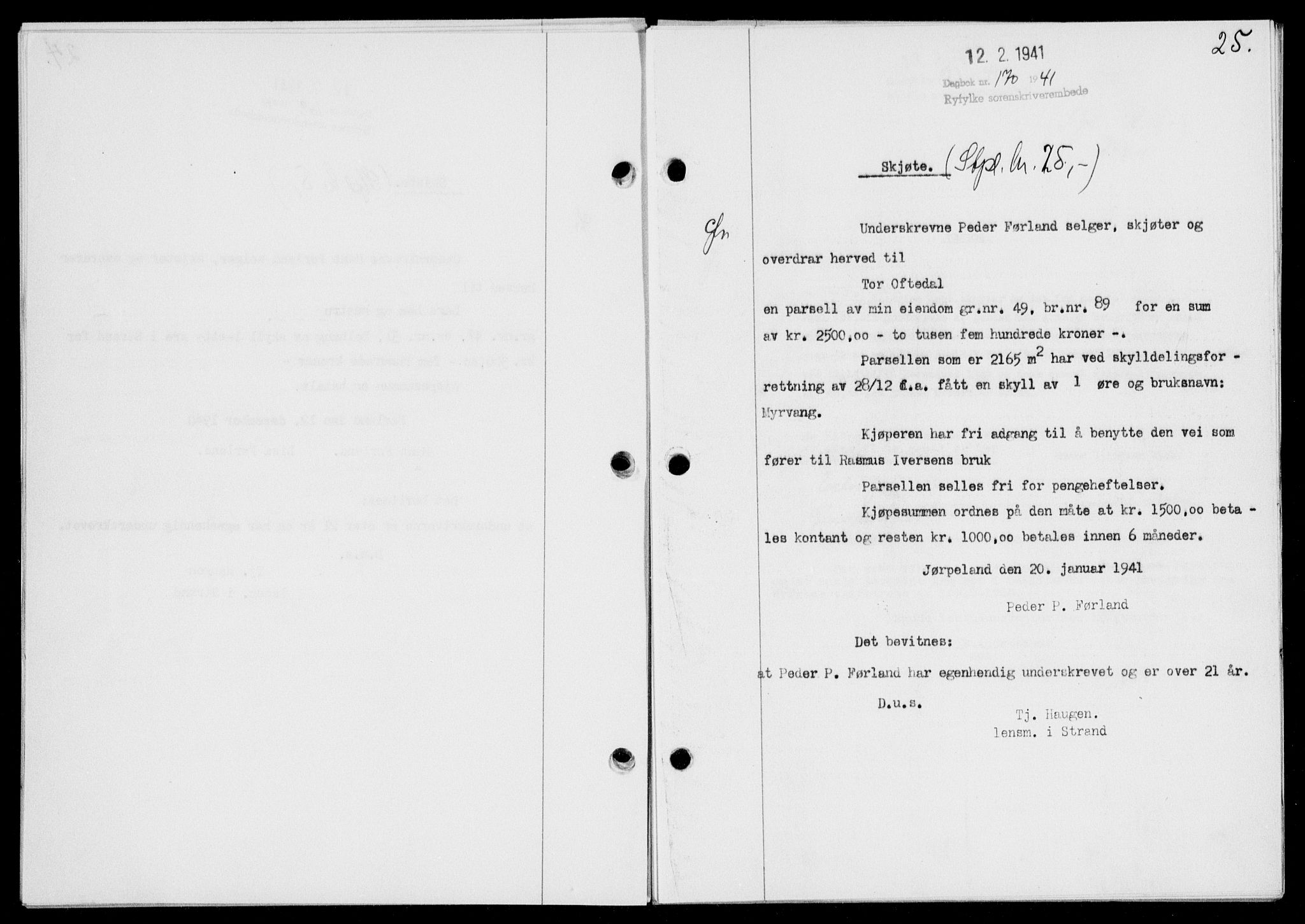 Ryfylke tingrett, SAST/A-100055/001/II/IIB/L0085: Mortgage book no. 64, 1941-1941, Diary no: : 170/1941