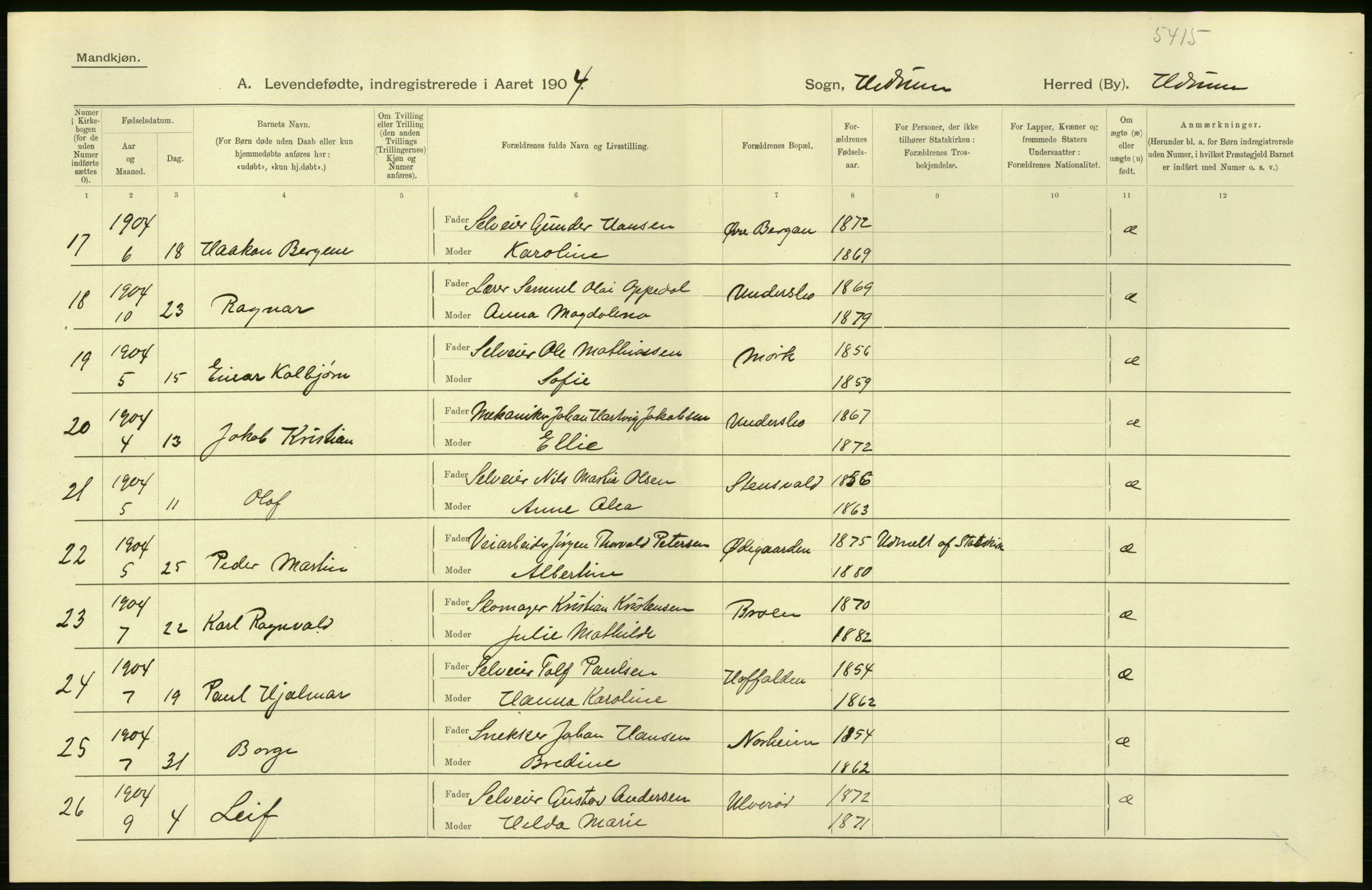 Statistisk sentralbyrå, Sosiodemografiske emner, Befolkning, AV/RA-S-2228/D/Df/Dfa/Dfab/L0008: Jarlsberg og Larvig amt: Fødte, gifte, døde, 1904, p. 42