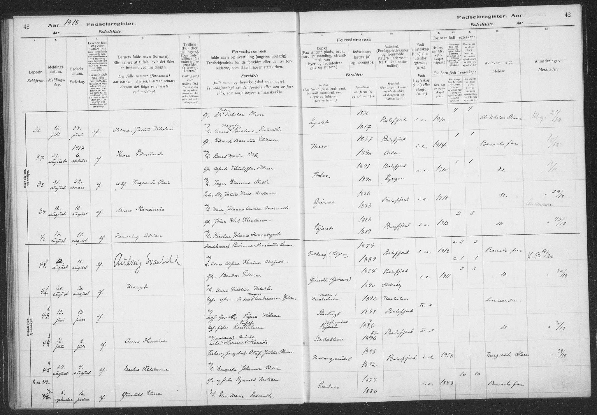 Balsfjord sokneprestembete, AV/SATØ-S-1303/H/Hb/L0059: Birth register no. 59, 1916-1930, p. 42