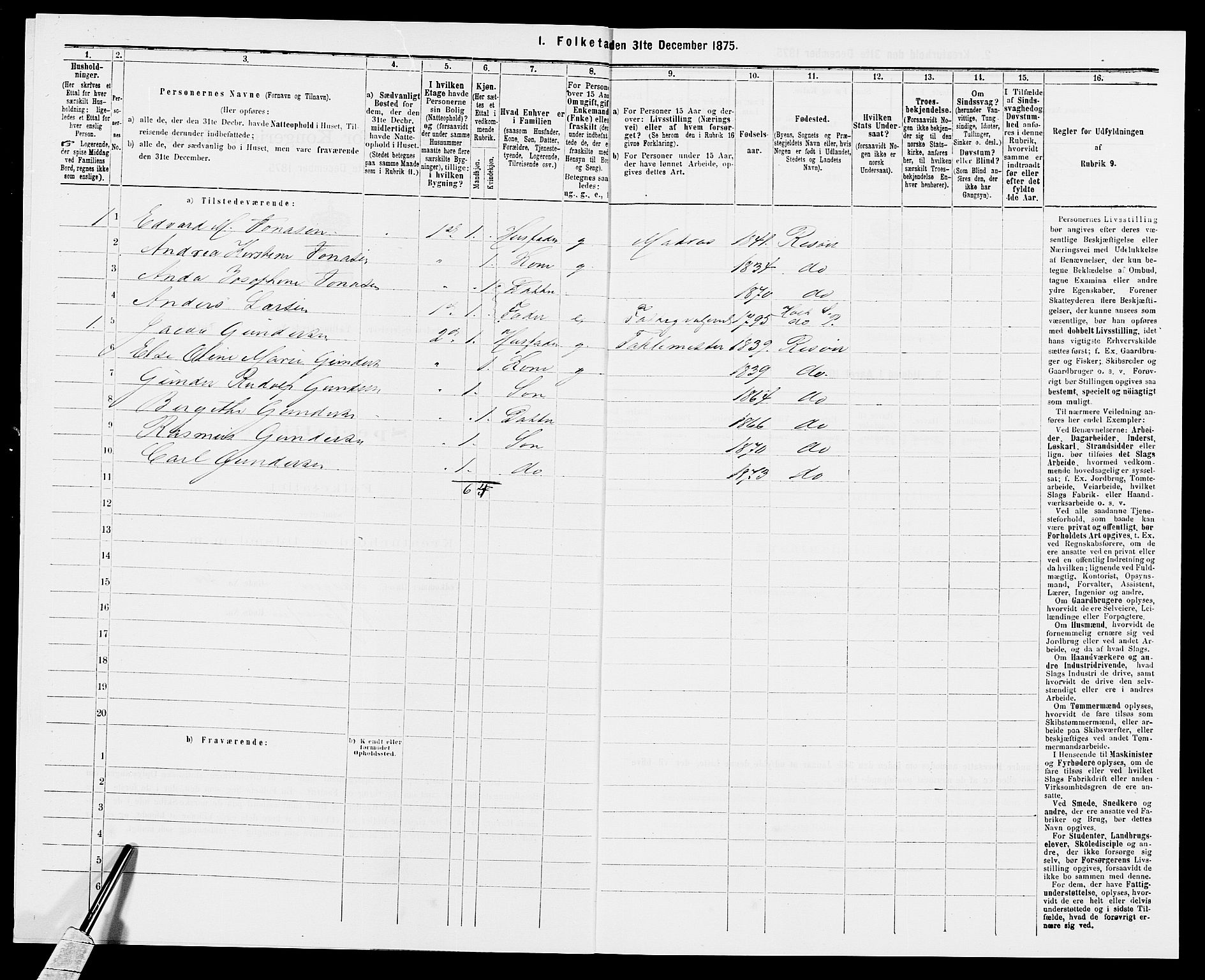 SAK, 1875 census for 0901B Risør/Risør, 1875, p. 626