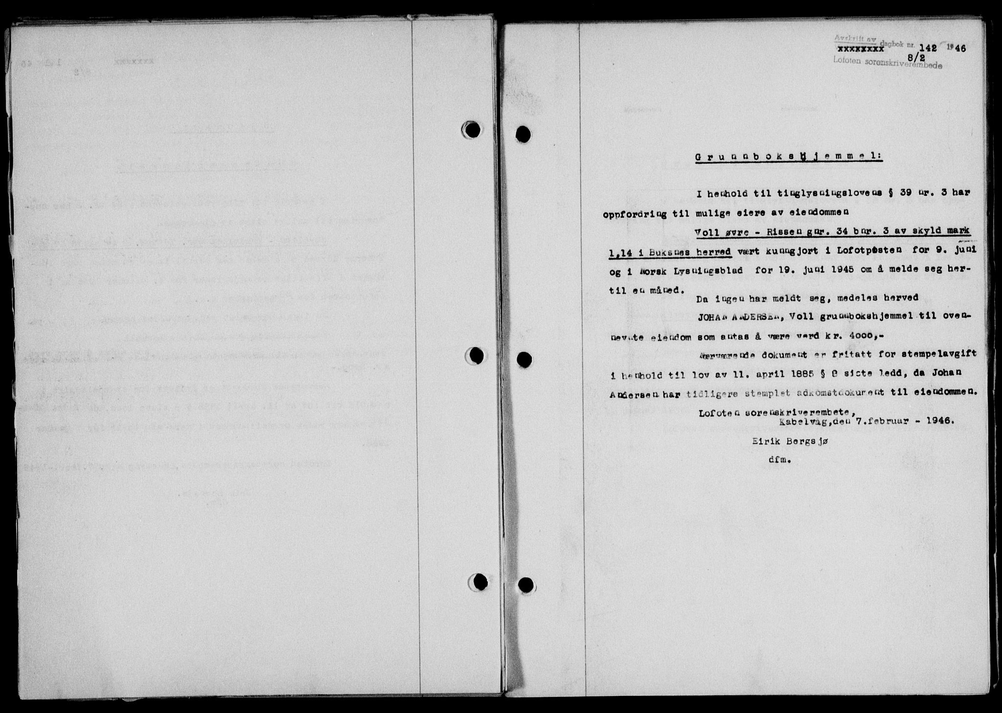 Lofoten sorenskriveri, SAT/A-0017/1/2/2C/L0013a: Mortgage book no. 13a, 1944-1946, Diary no: : 142/1946