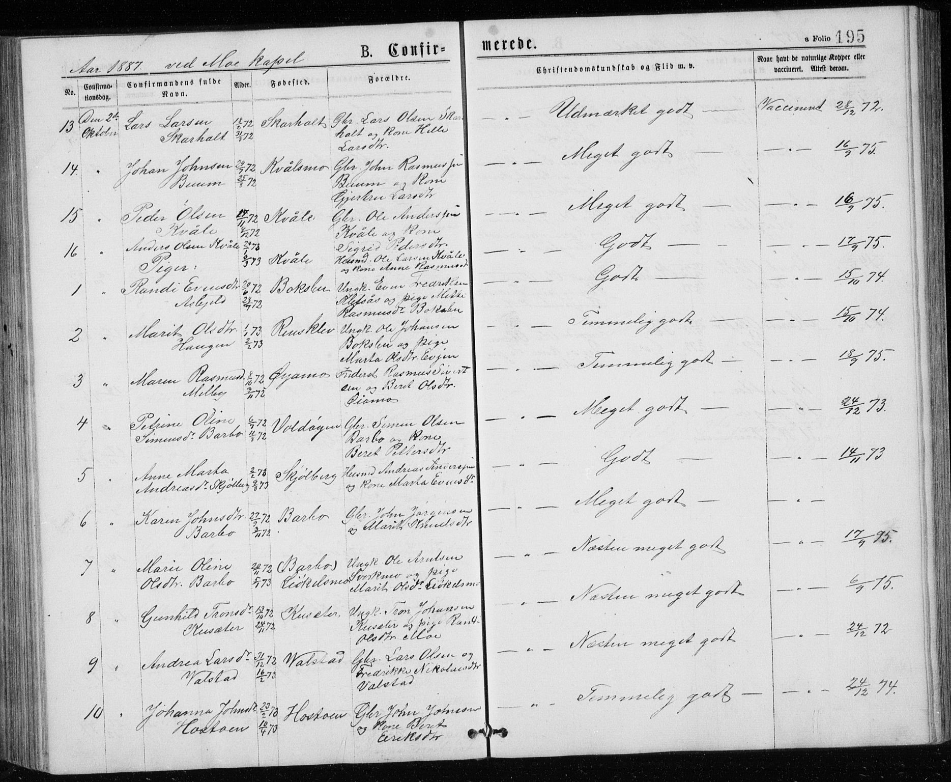 Ministerialprotokoller, klokkerbøker og fødselsregistre - Sør-Trøndelag, SAT/A-1456/671/L0843: Parish register (copy) no. 671C02, 1873-1892, p. 195