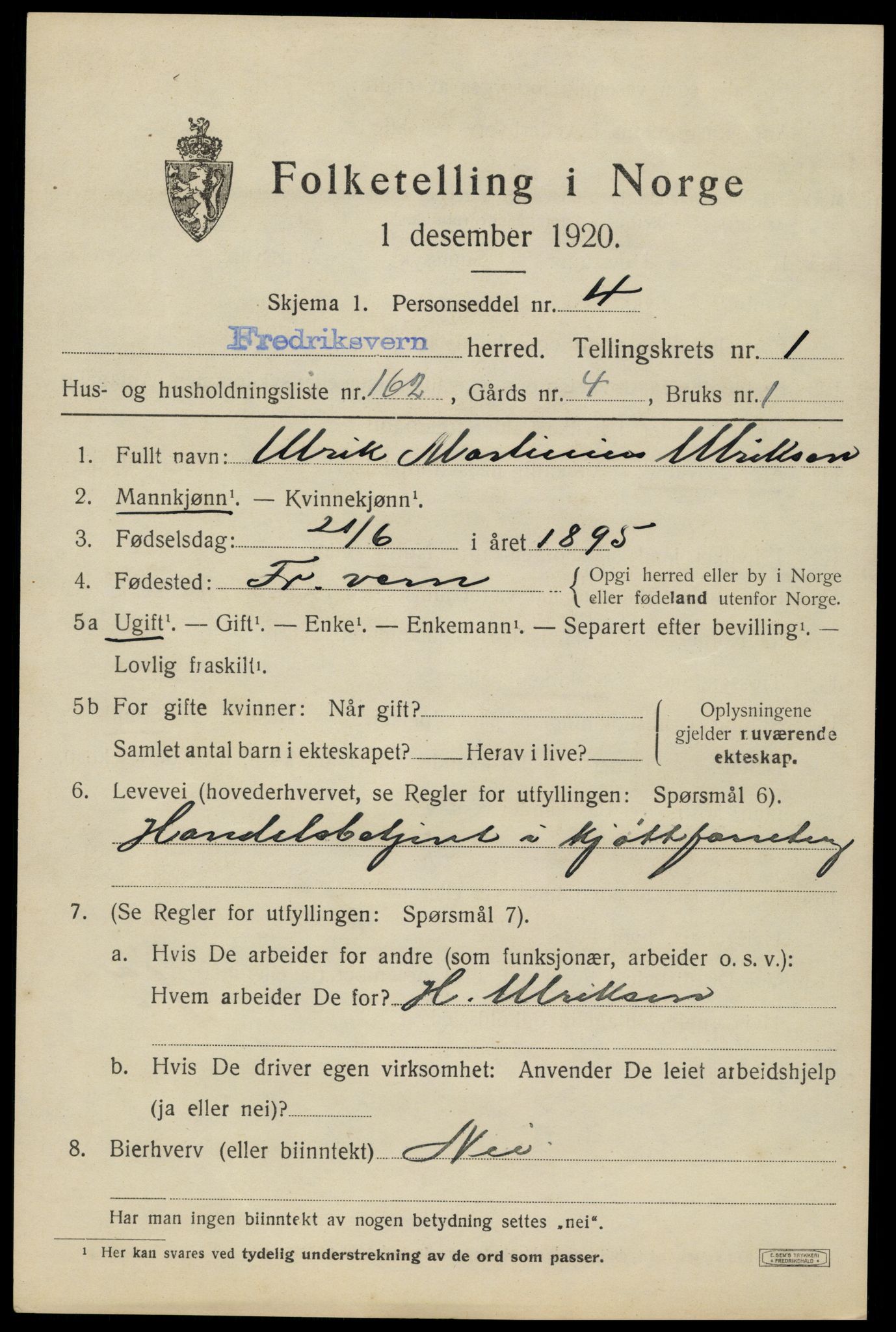 SAKO, 1920 census for Fredriksvern, 1920, p. 1479