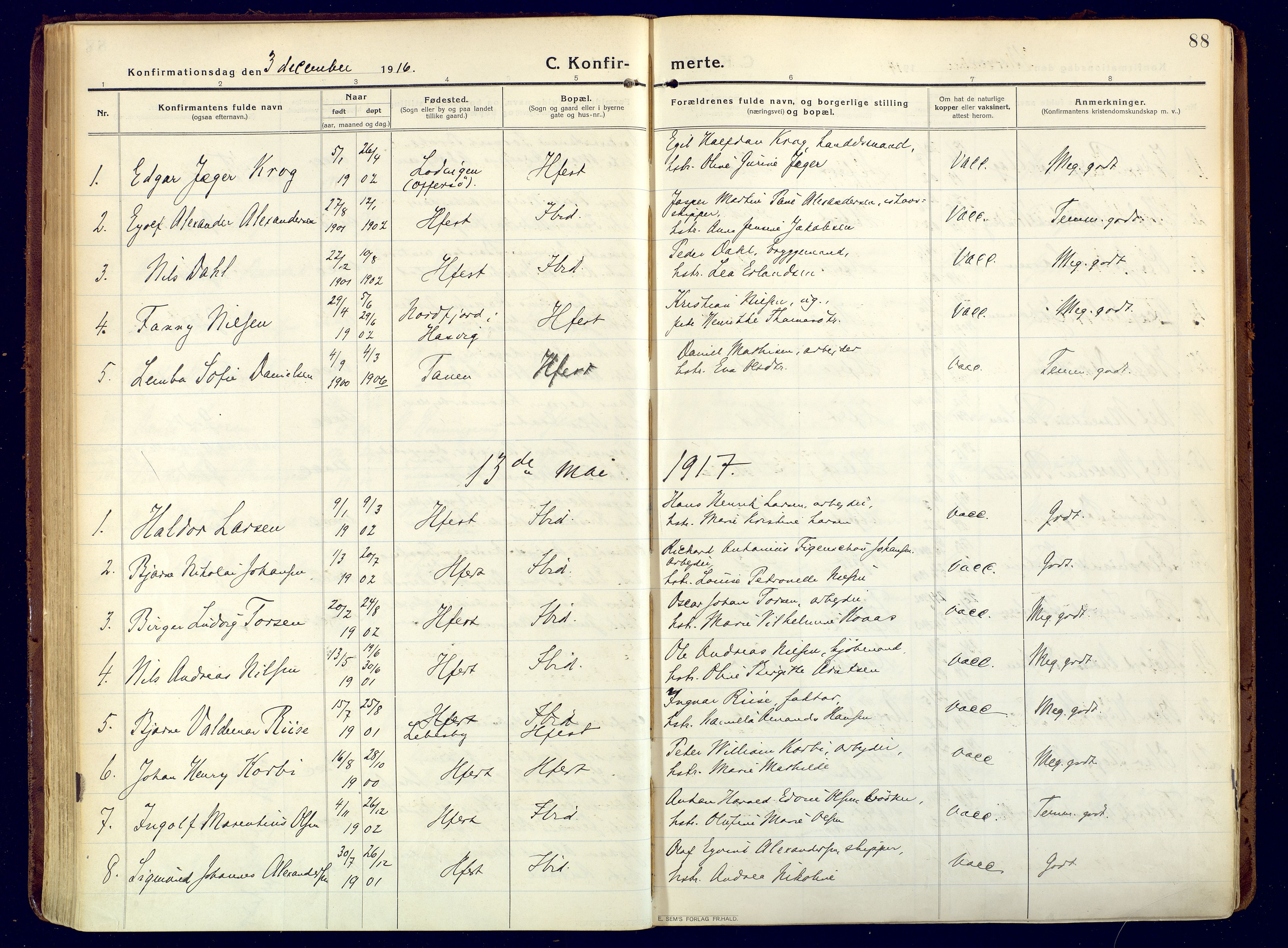 Hammerfest sokneprestkontor, SATØ/S-1347/H/Ha/L0015.kirke: Parish register (official) no. 15, 1916-1923, p. 88