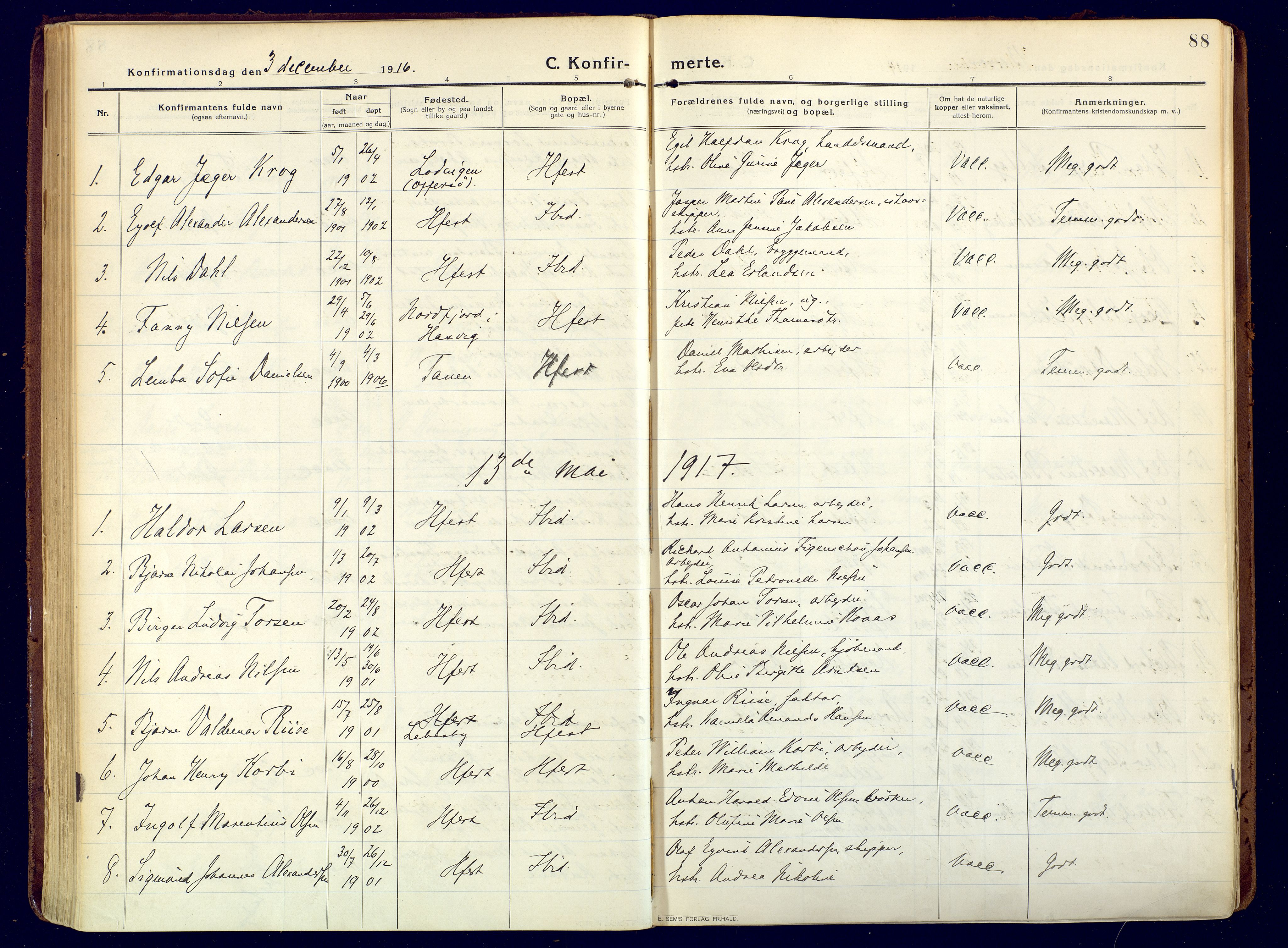 Hammerfest sokneprestkontor, AV/SATØ-S-1347/H/Ha/L0015.kirke: Parish register (official) no. 15, 1916-1923, p. 88