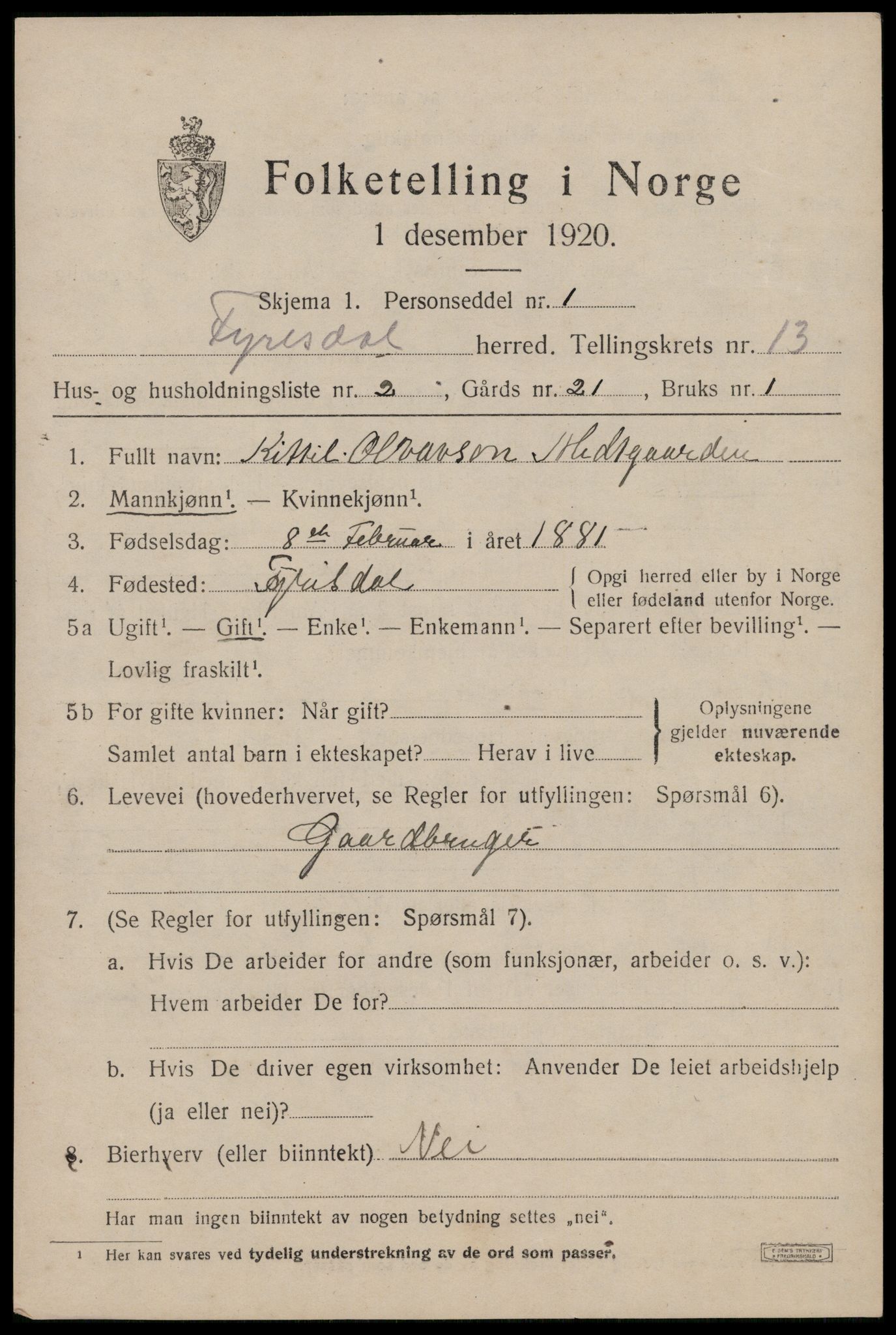 SAKO, 1920 census for Fyresdal, 1920, p. 4273