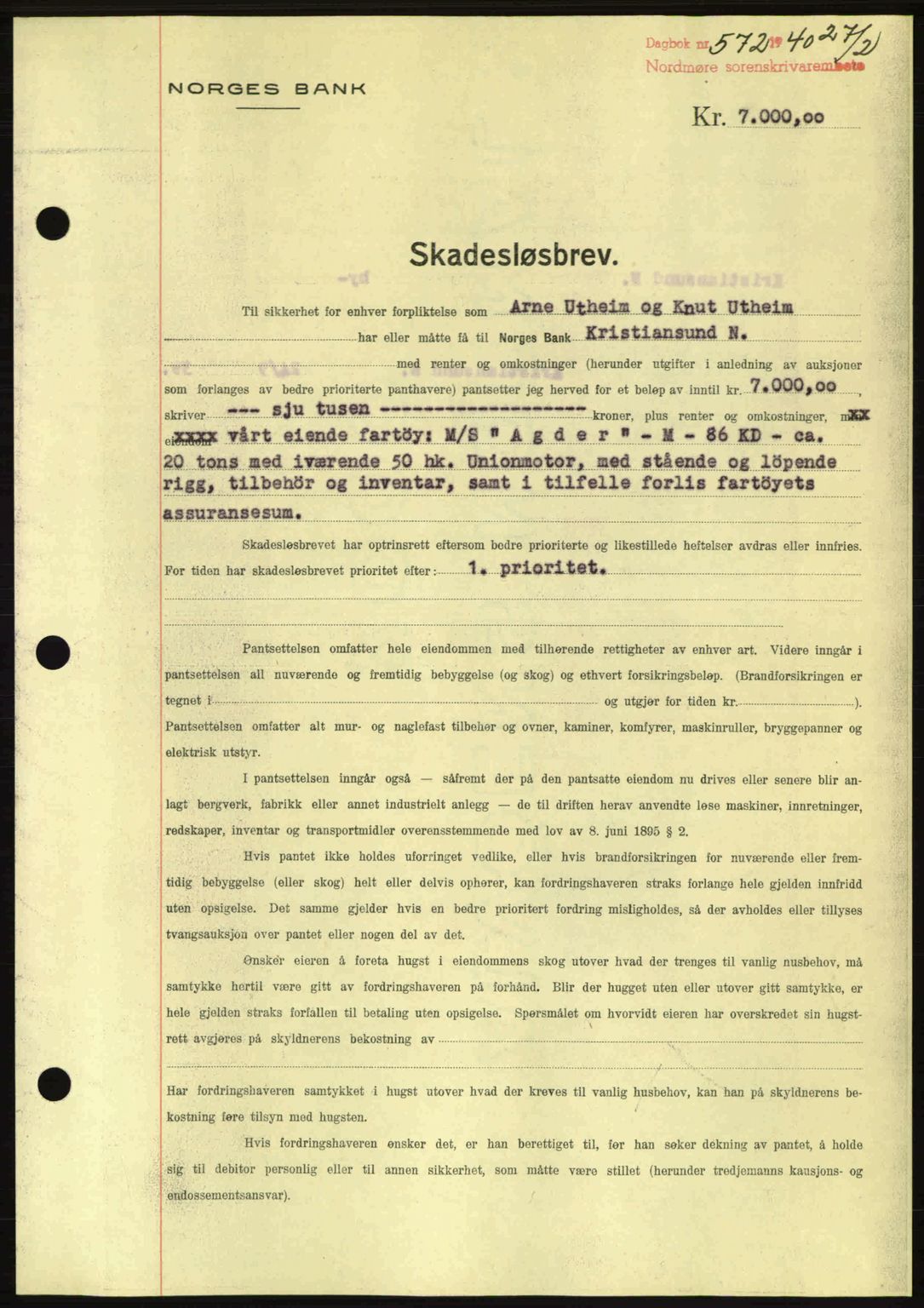 Nordmøre sorenskriveri, AV/SAT-A-4132/1/2/2Ca: Mortgage book no. B86, 1939-1940, Diary no: : 572/1940