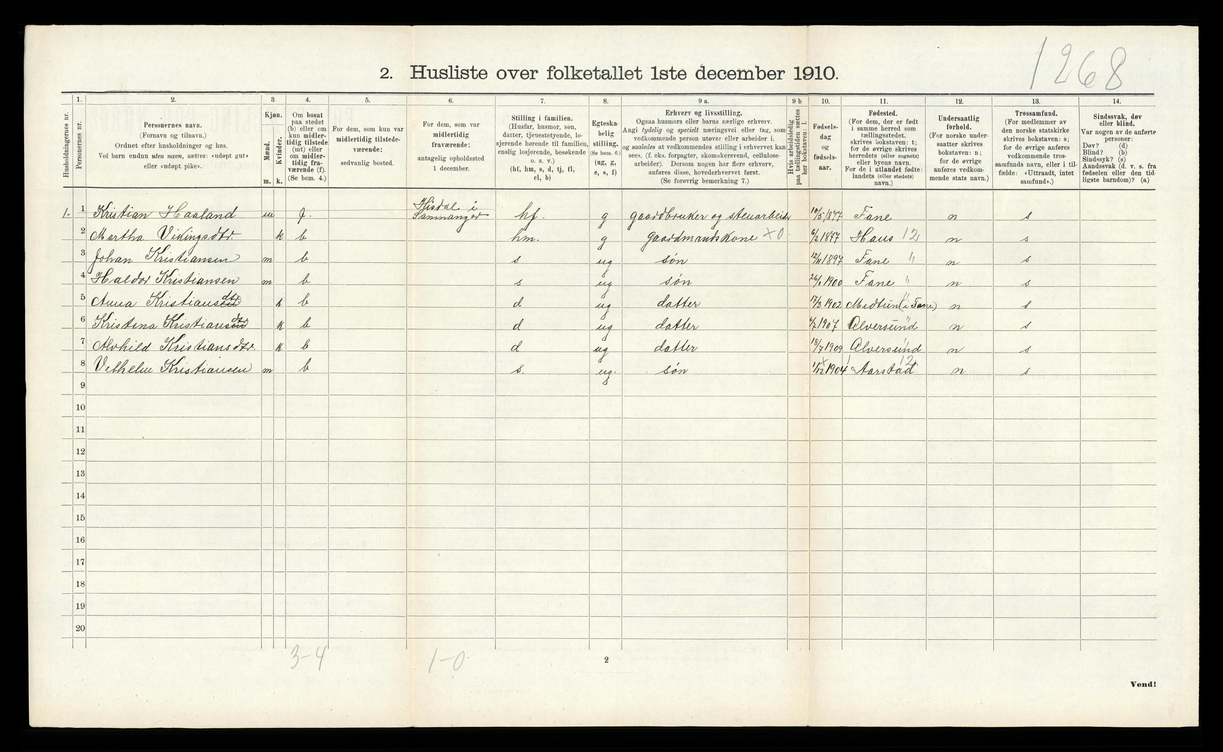 RA, 1910 census for Samnanger, 1910, p. 170