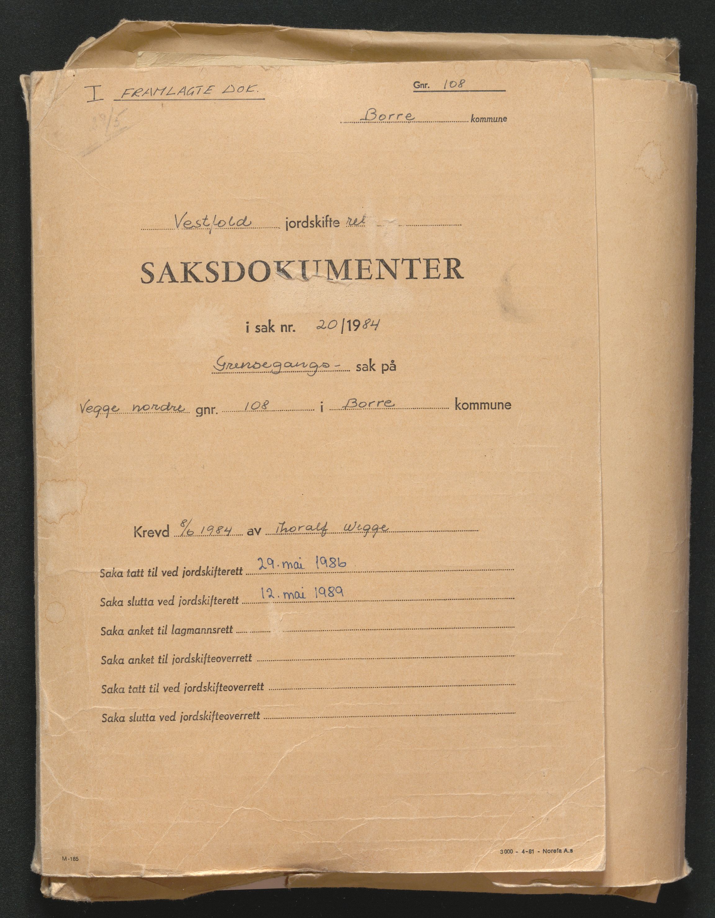 Vestfold jordskifterett, SAKO/A-1152/G/Gb/L0021/0004: Horten, gnr. 72-108 / Gårdsnr. 108: Sak 0700-1984-0020, 1986-1989, p. 1