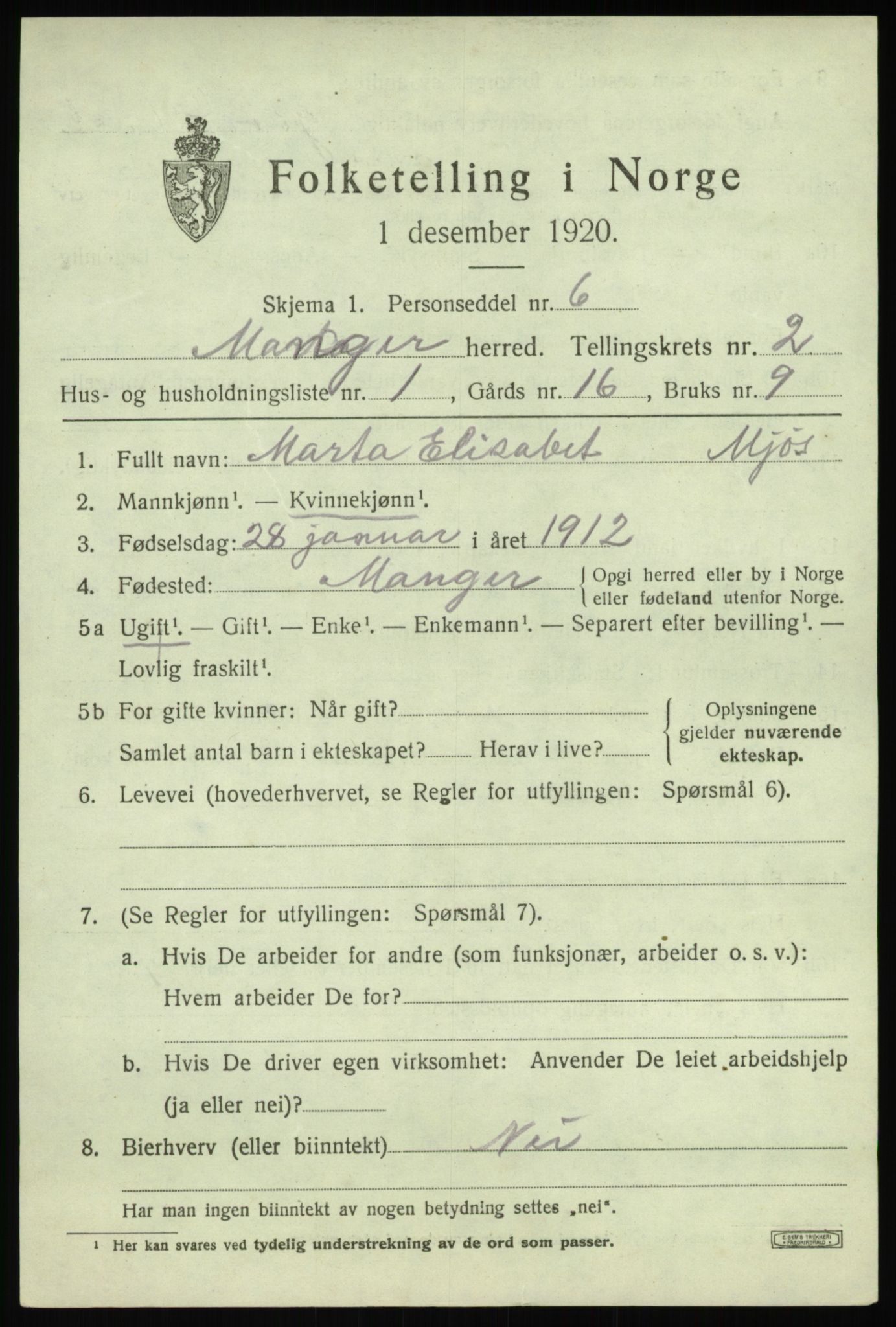 SAB, 1920 census for Manger, 1920, p. 1973