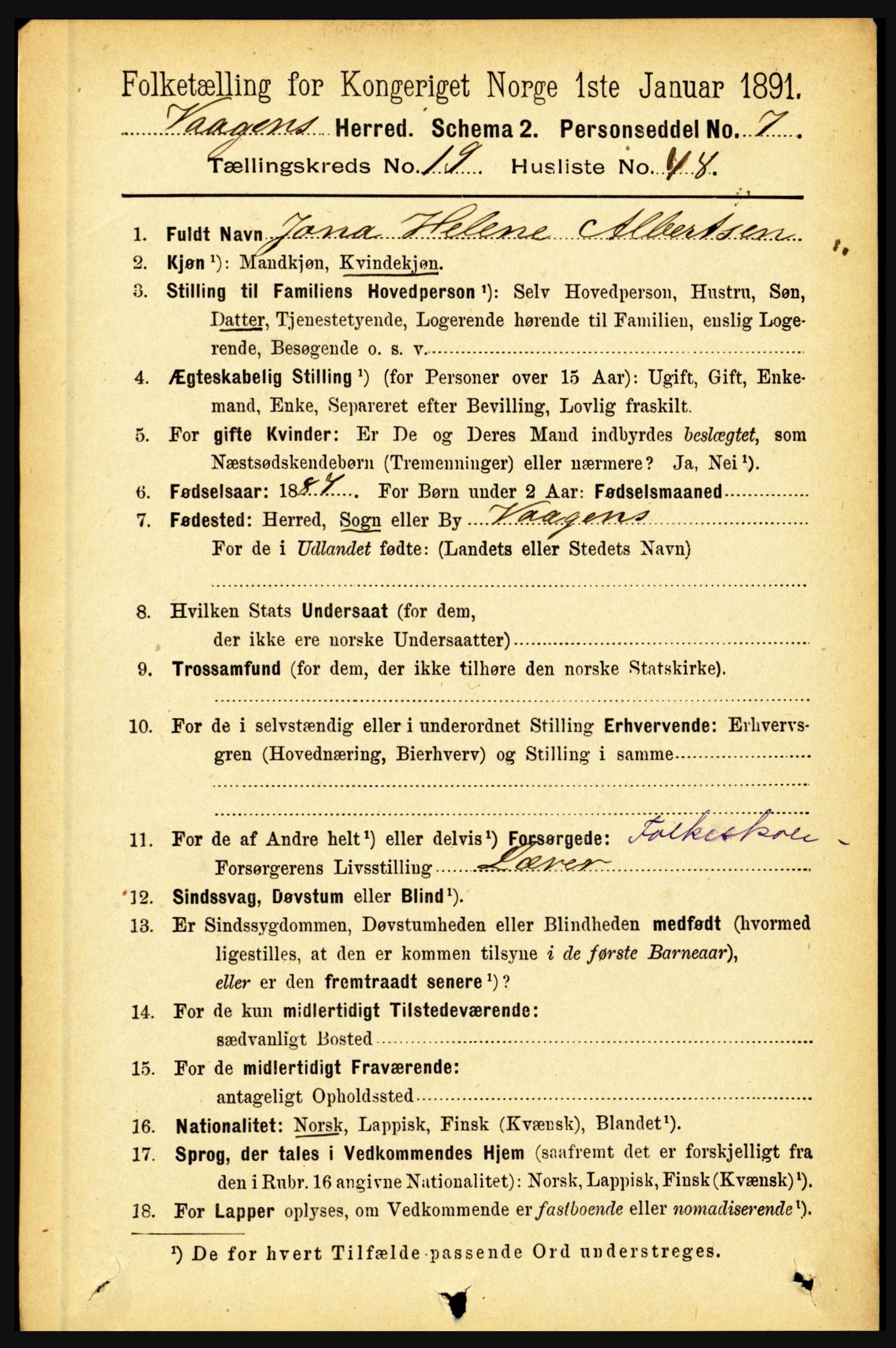 RA, 1891 census for 1865 Vågan, 1891, p. 5823