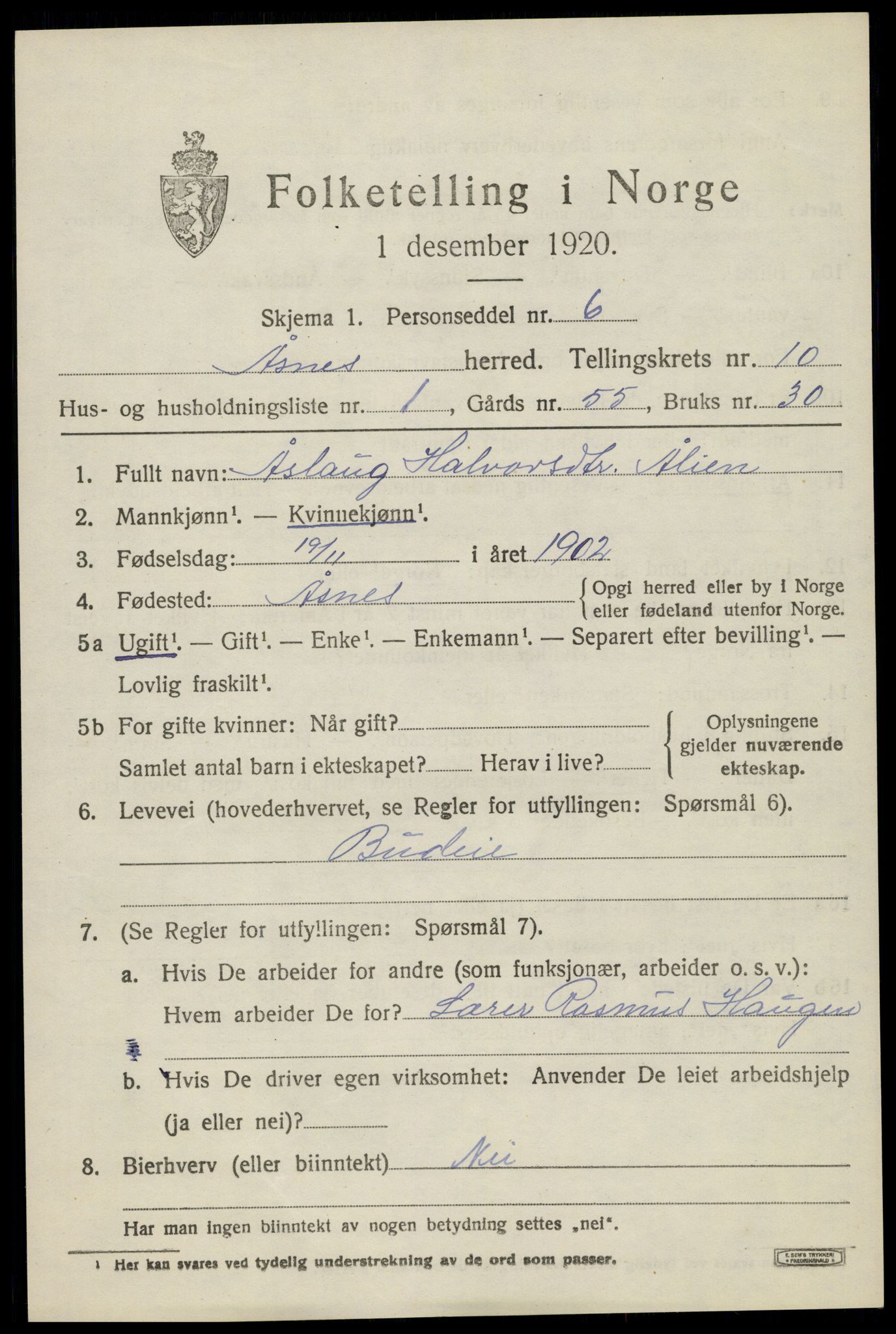 SAH, 1920 census for Åsnes, 1920, p. 10438