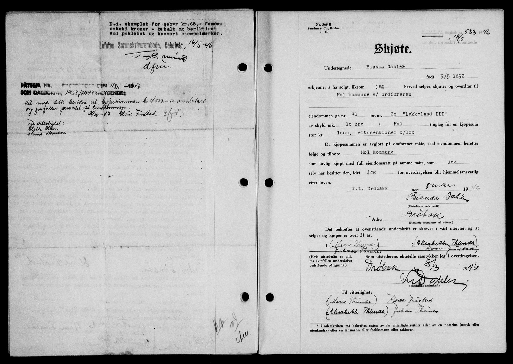 Lofoten sorenskriveri, SAT/A-0017/1/2/2C/L0014a: Mortgage book no. 14a, 1946-1946, Diary no: : 533/1946