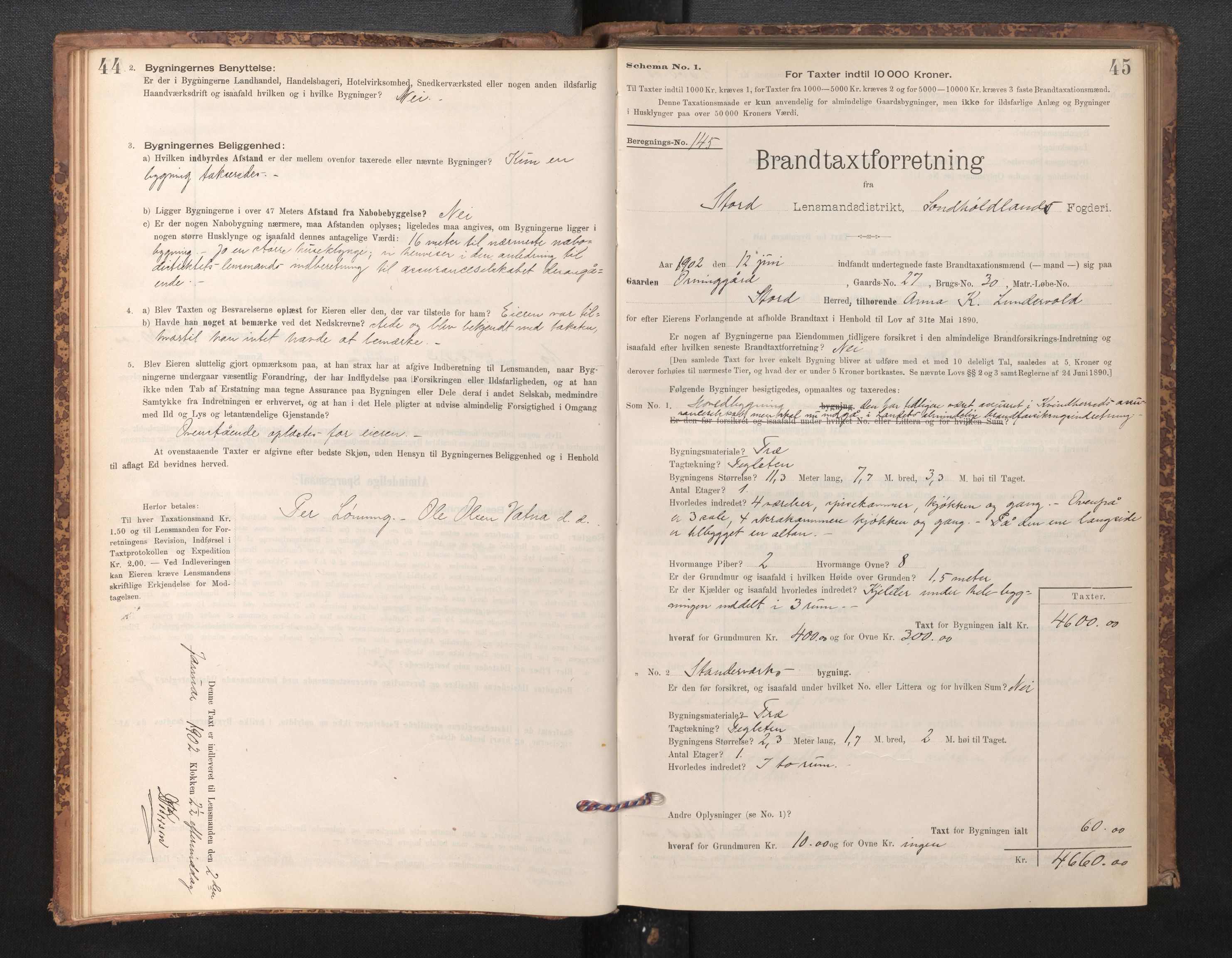 Lensmannen i Stord, SAB/A-35001/0012/L0002: Branntakstprotokoll, skjematakst, 1897-1922, p. 44-45