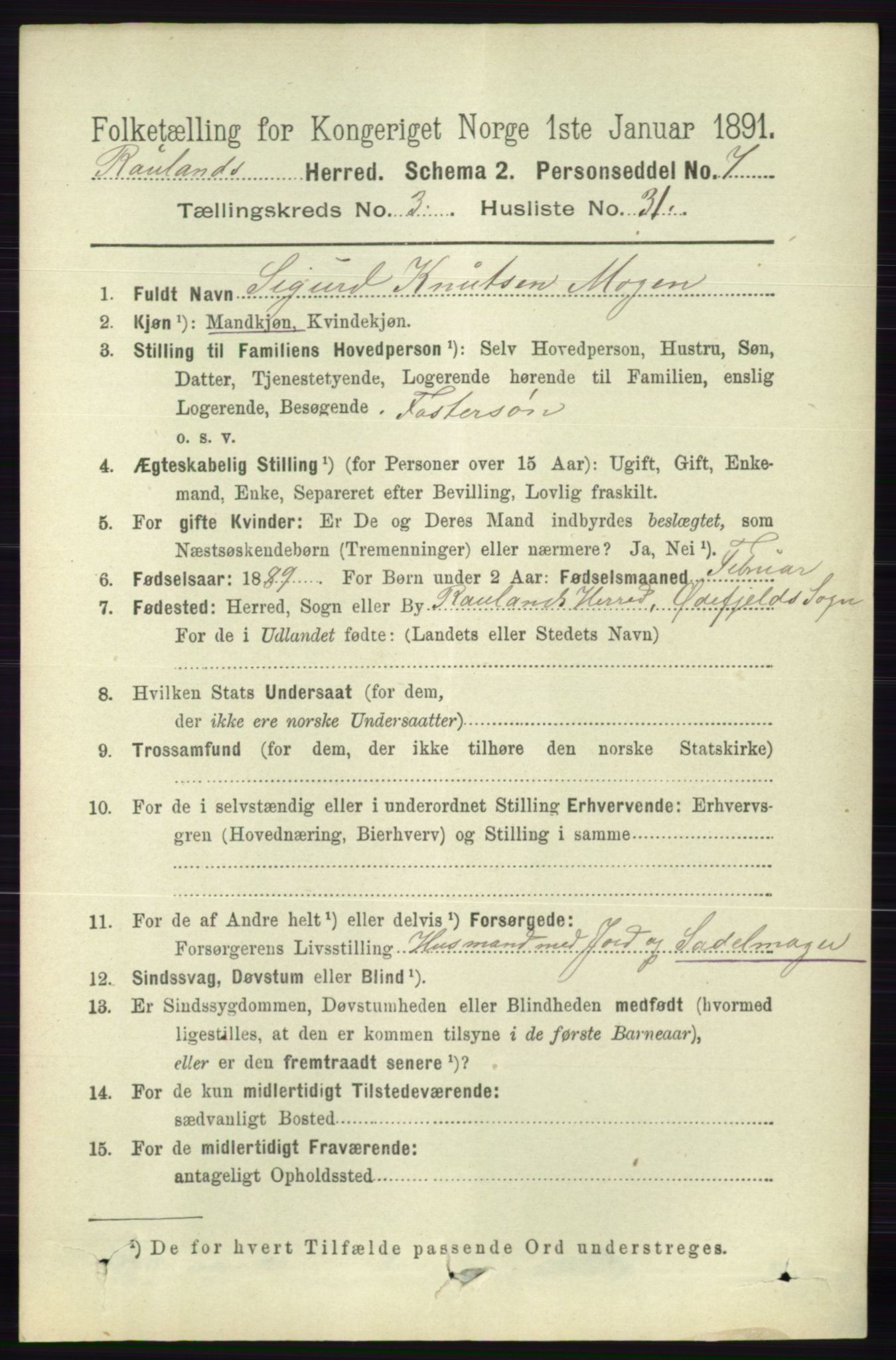 RA, 1891 census for 0835 Rauland, 1891, p. 984