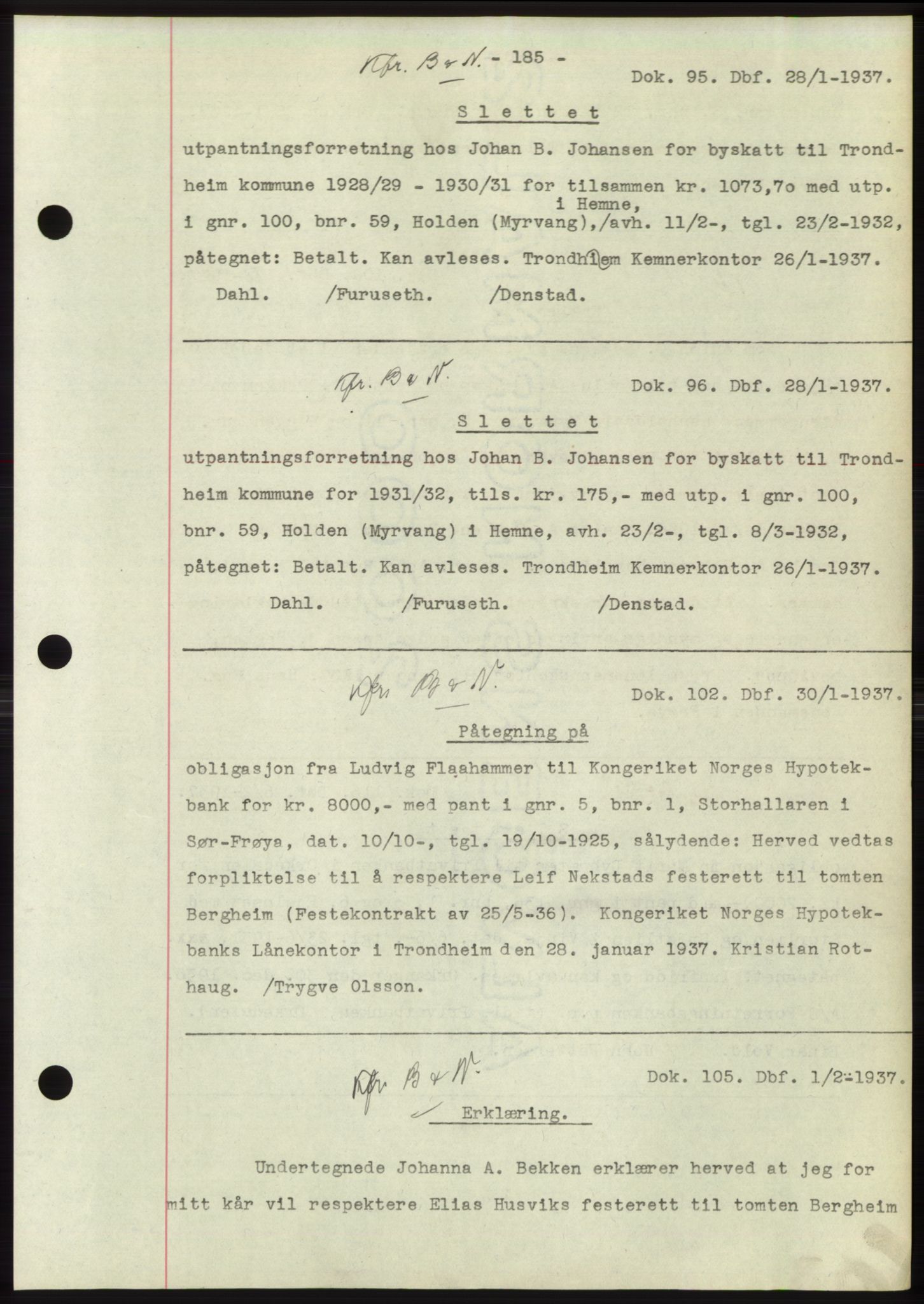 Hitra sorenskriveri, AV/SAT-A-0018/2/2C/2Ca: Mortgage book no. C1, 1936-1945, Diary no: : 95/1937