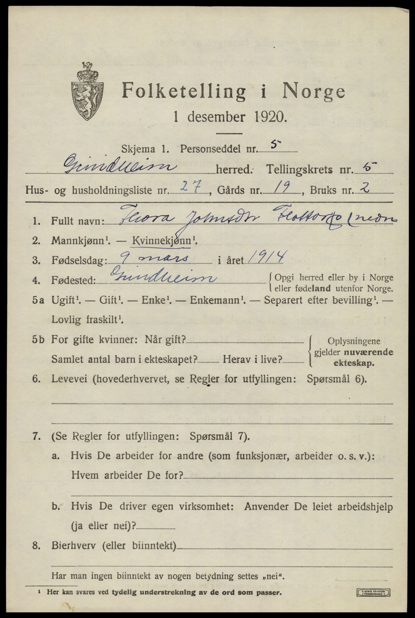 SAK, 1920 census for Grindheim, 1920, p. 1831