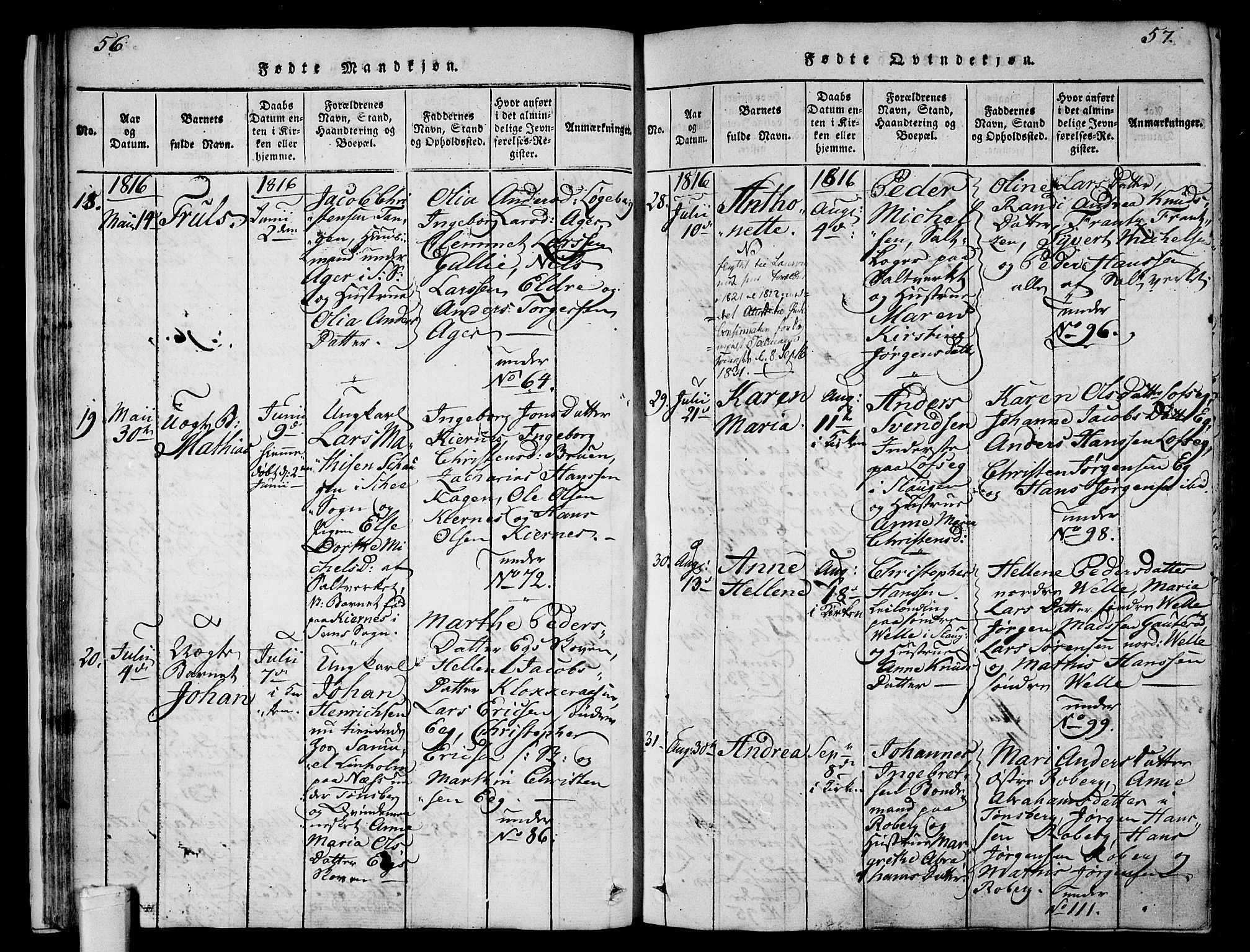 Sem kirkebøker, AV/SAKO-A-5/F/Fa/L0004: Parish register (official) no. I 4, 1814-1825, p. 56-57