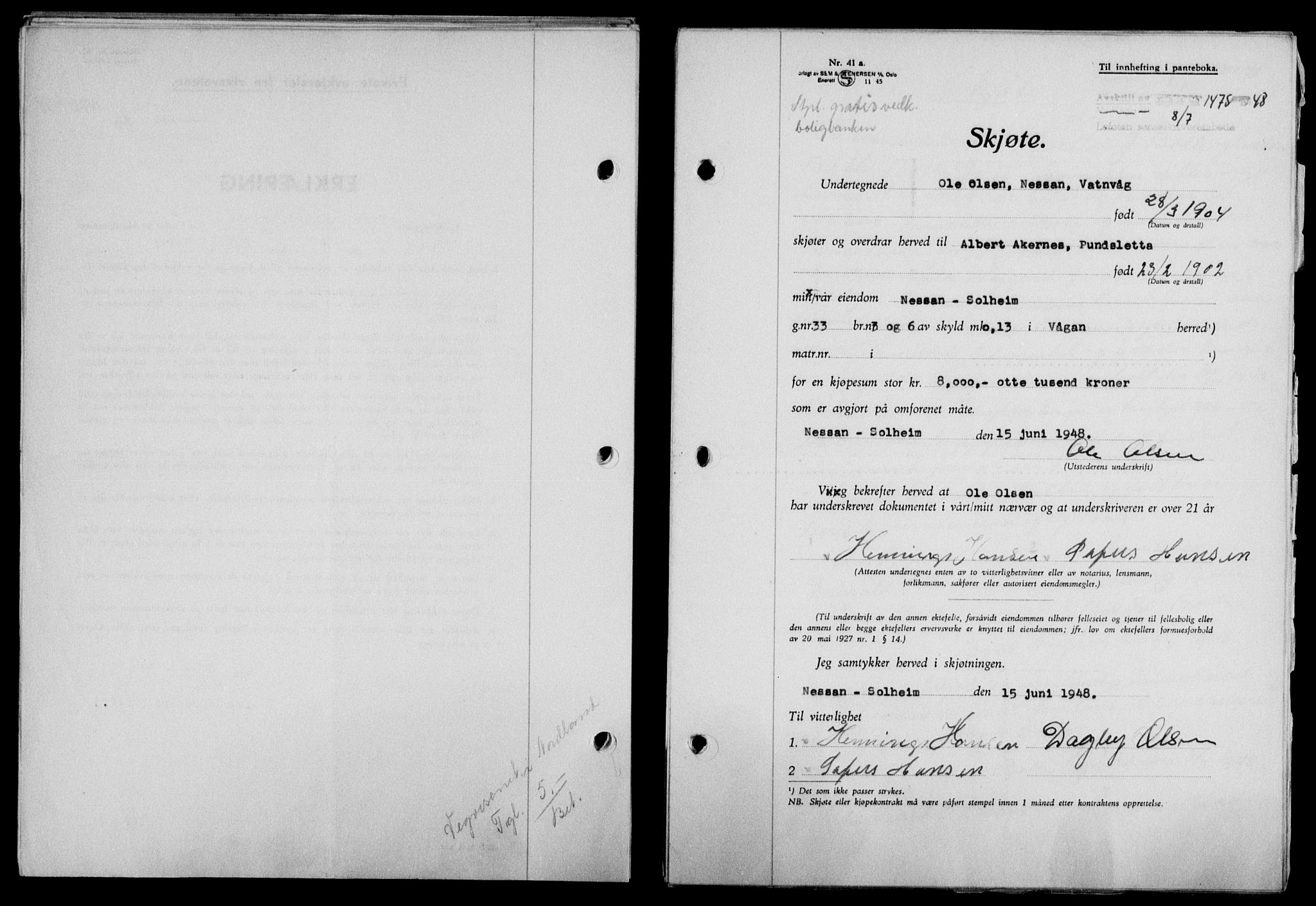 Lofoten sorenskriveri, SAT/A-0017/1/2/2C/L0018a: Mortgage book no. 18a, 1948-1948, Diary no: : 1475/1948