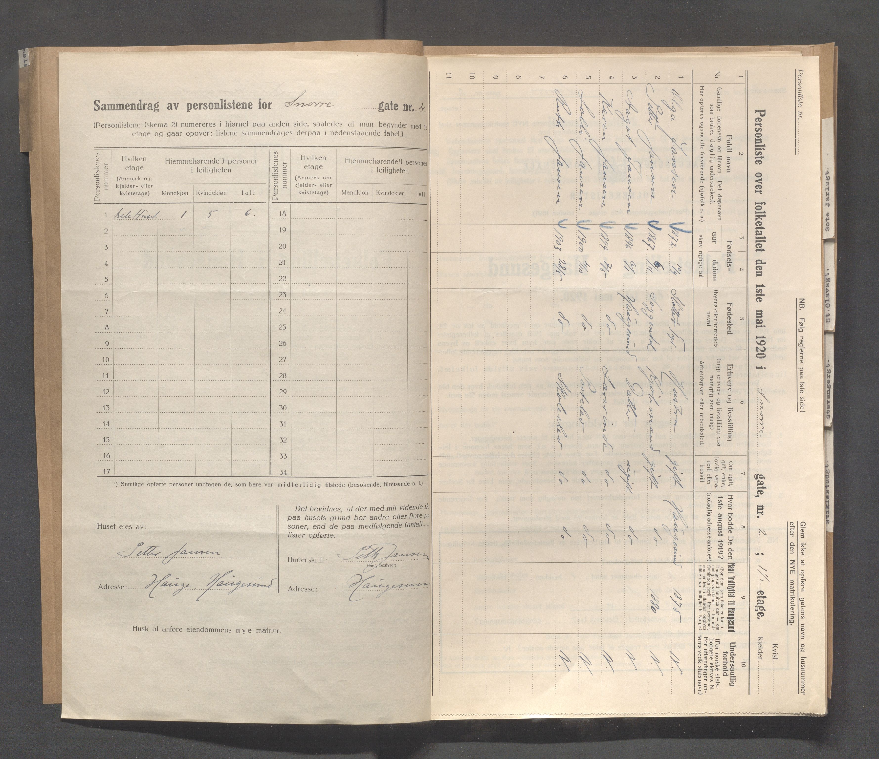 IKAR, Local census 1.5.1920 for Haugesund, 1920, p. 4045