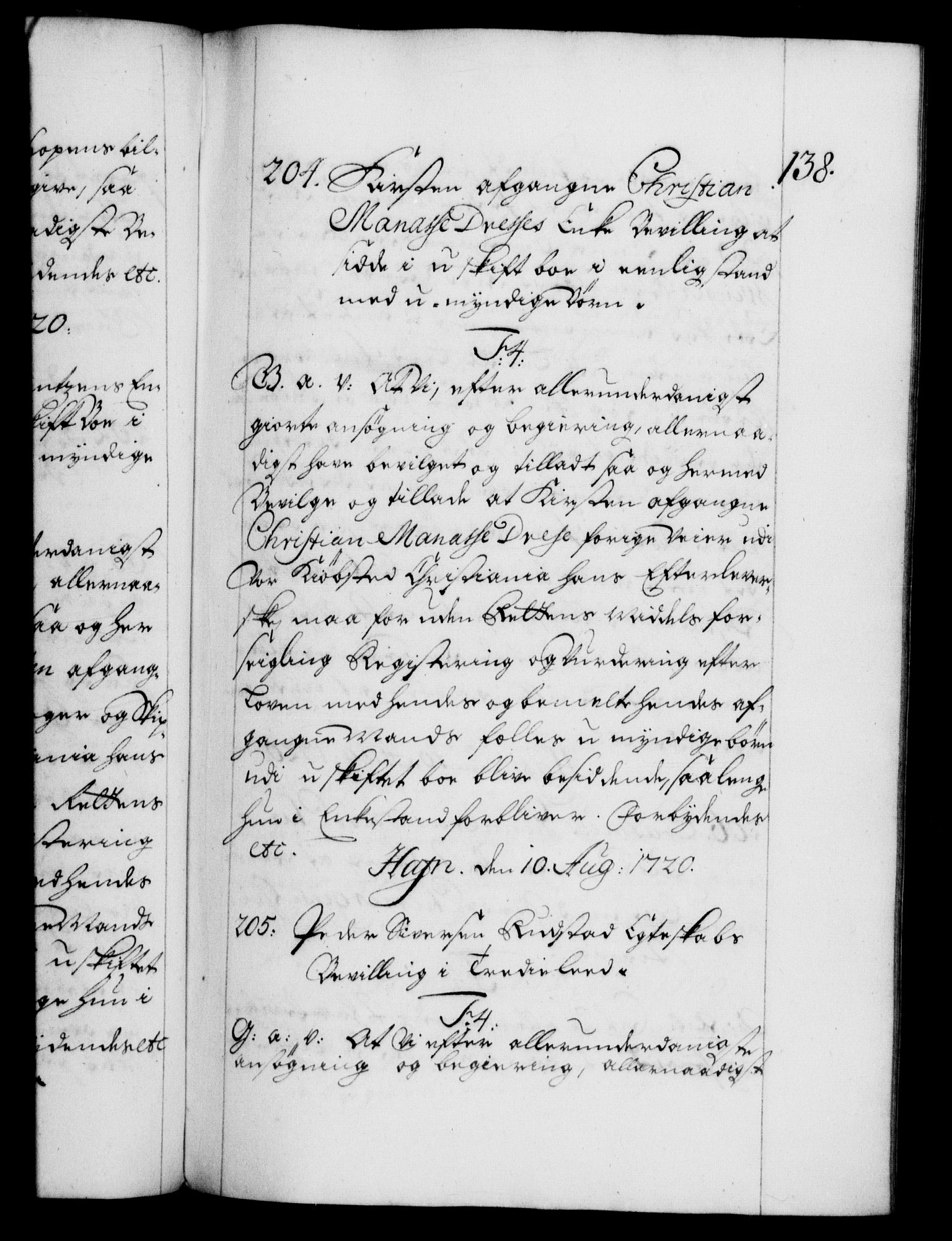 Danske Kanselli 1572-1799, AV/RA-EA-3023/F/Fc/Fca/Fcaa/L0023: Norske registre, 1720-1722, p. 138a