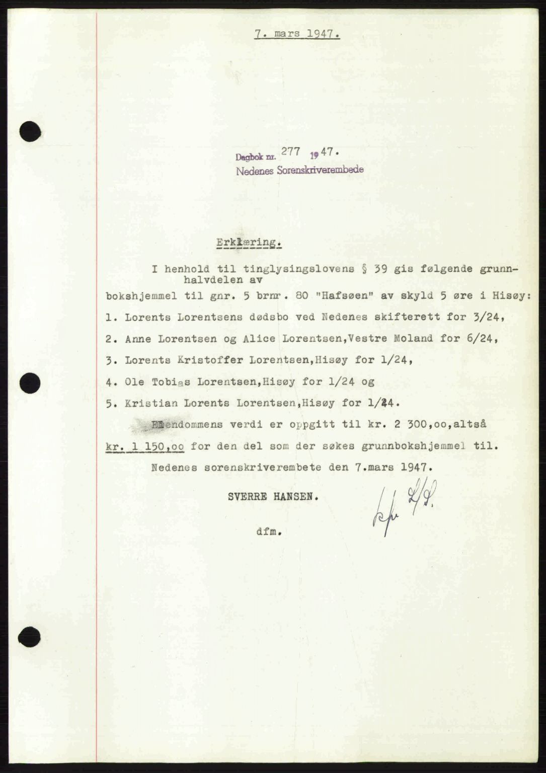 Nedenes sorenskriveri, SAK/1221-0006/G/Gb/Gba/L0057: Mortgage book no. A9, 1947-1947, Diary no: : 277/1947