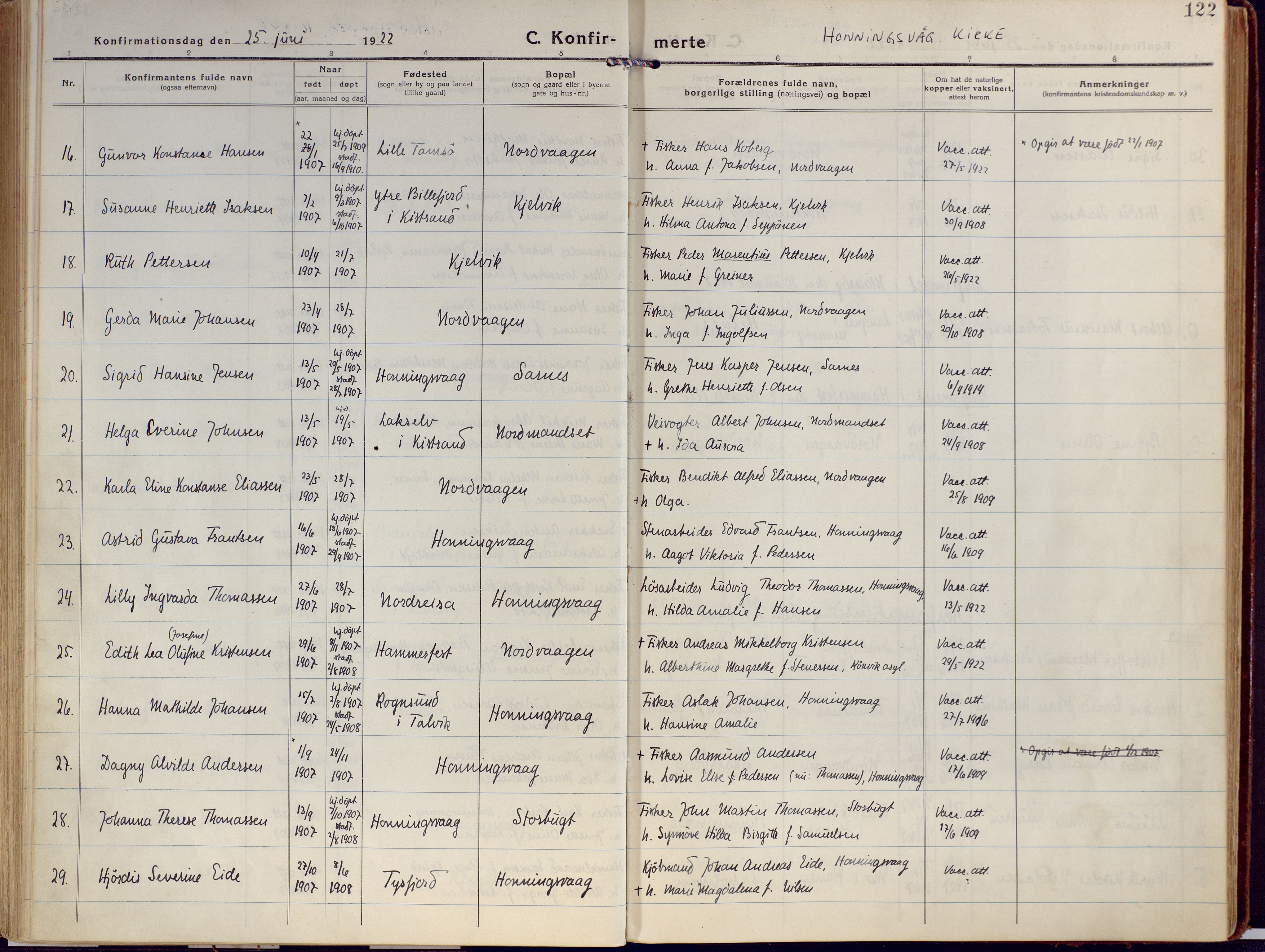 Kjelvik/Nordkapp sokneprestkontor, AV/SATØ-S-1350/H/Ha/L0002kirke: Parish register (official) no. 2, 1920-1929, p. 122