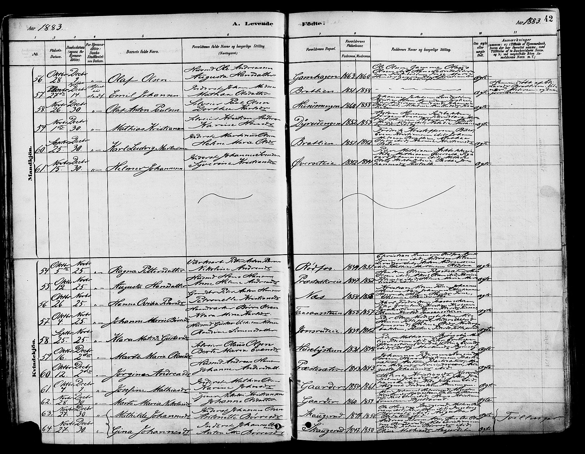 Vestre Toten prestekontor, SAH/PREST-108/H/Ha/Haa/L0009: Parish register (official) no. 9, 1878-1894, p. 42