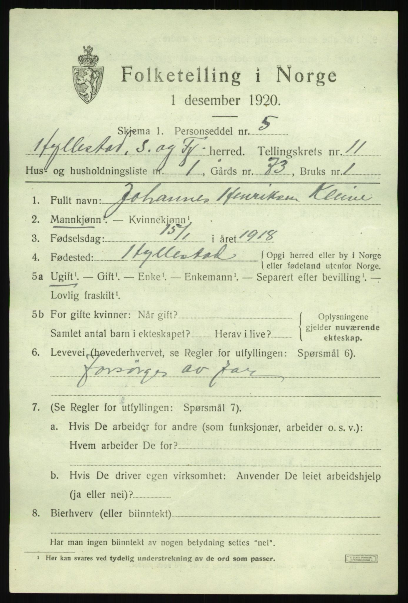 SAB, 1920 census for Hyllestad, 1920, p. 4100