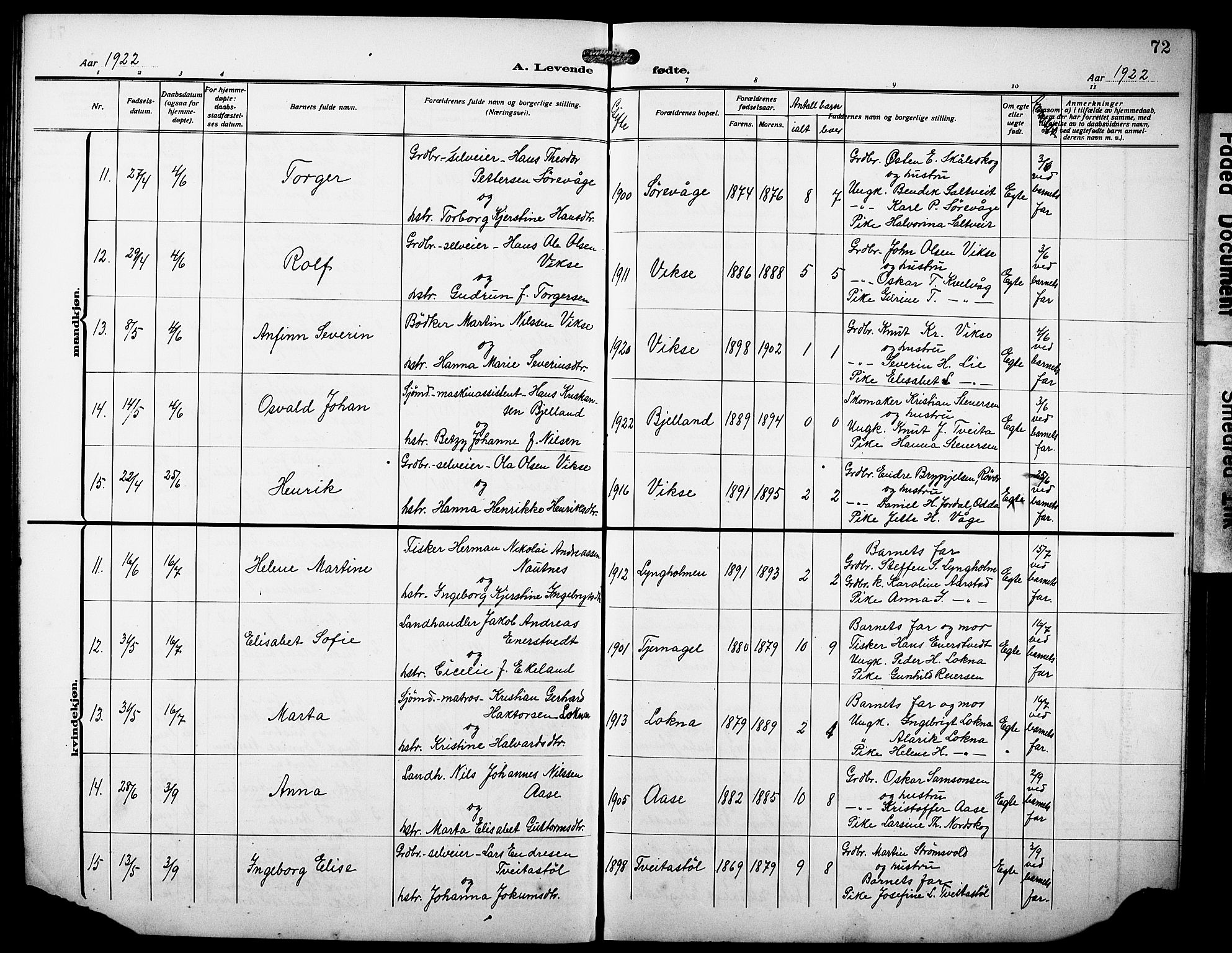 Sveio Sokneprestembete, AV/SAB-A-78501/H/Hab: Parish register (copy) no. A 5, 1911-1926, p. 72